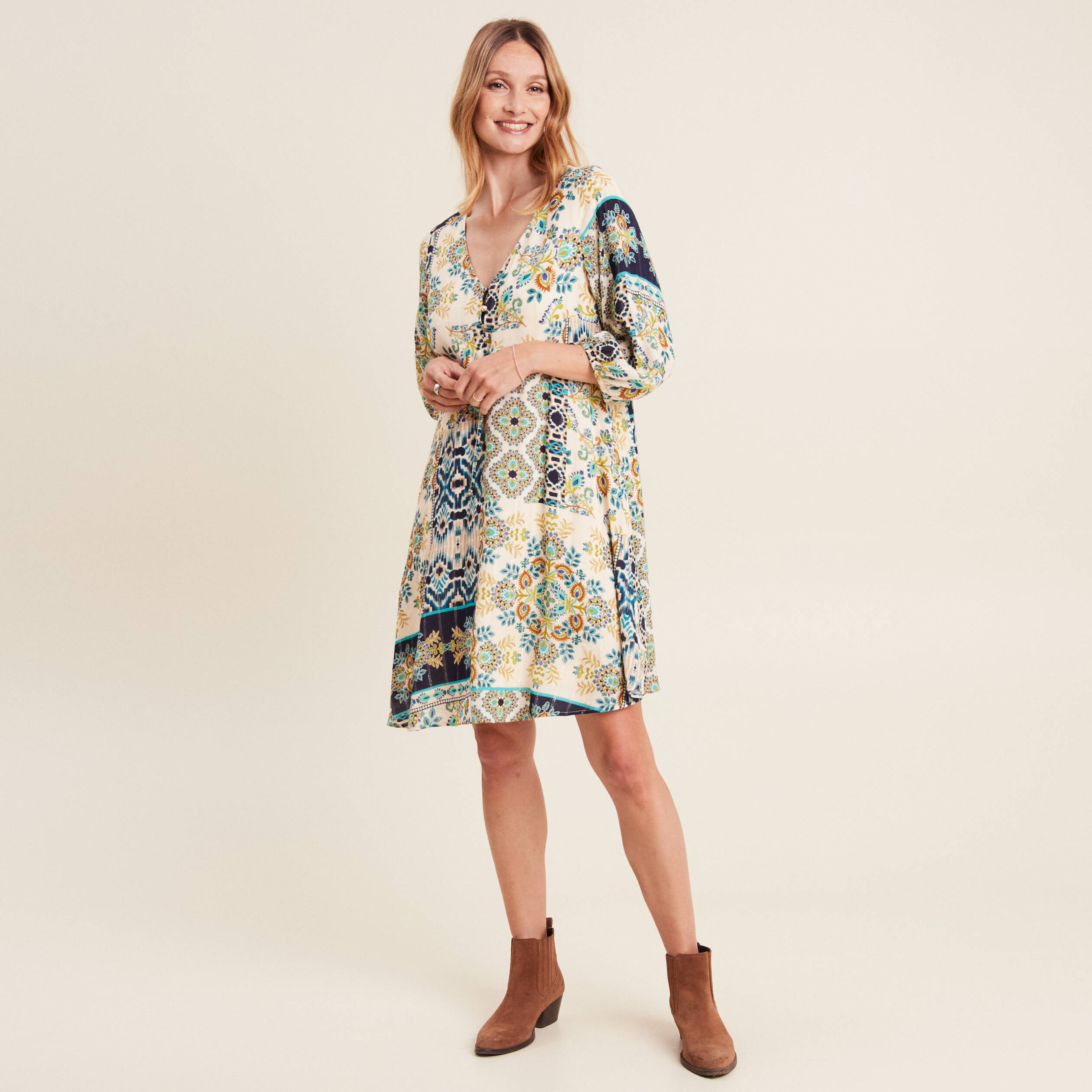Robe évasée fluide manches 3/4 bleu femme