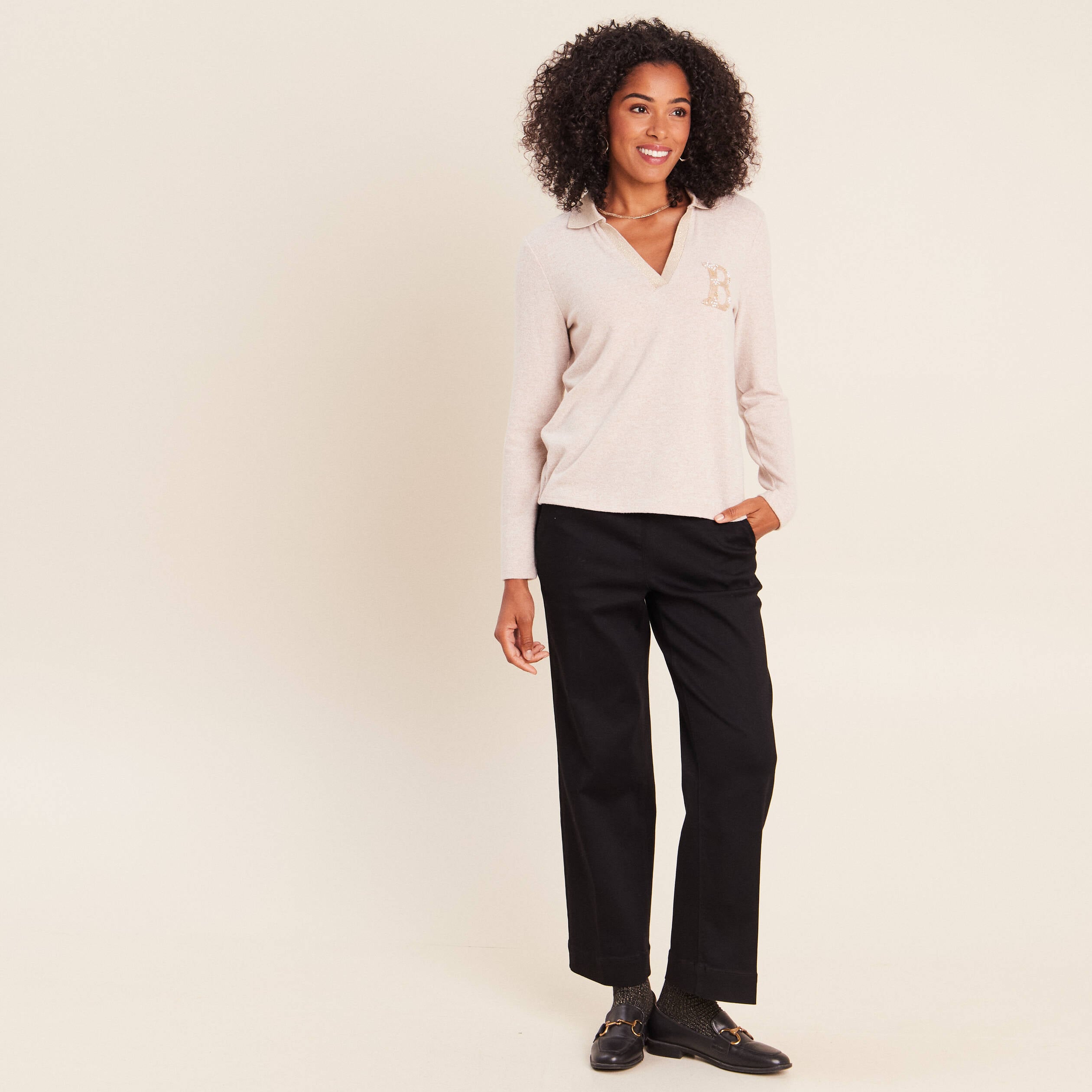 Polo manches longues col chemise brod&eacute; creme femme