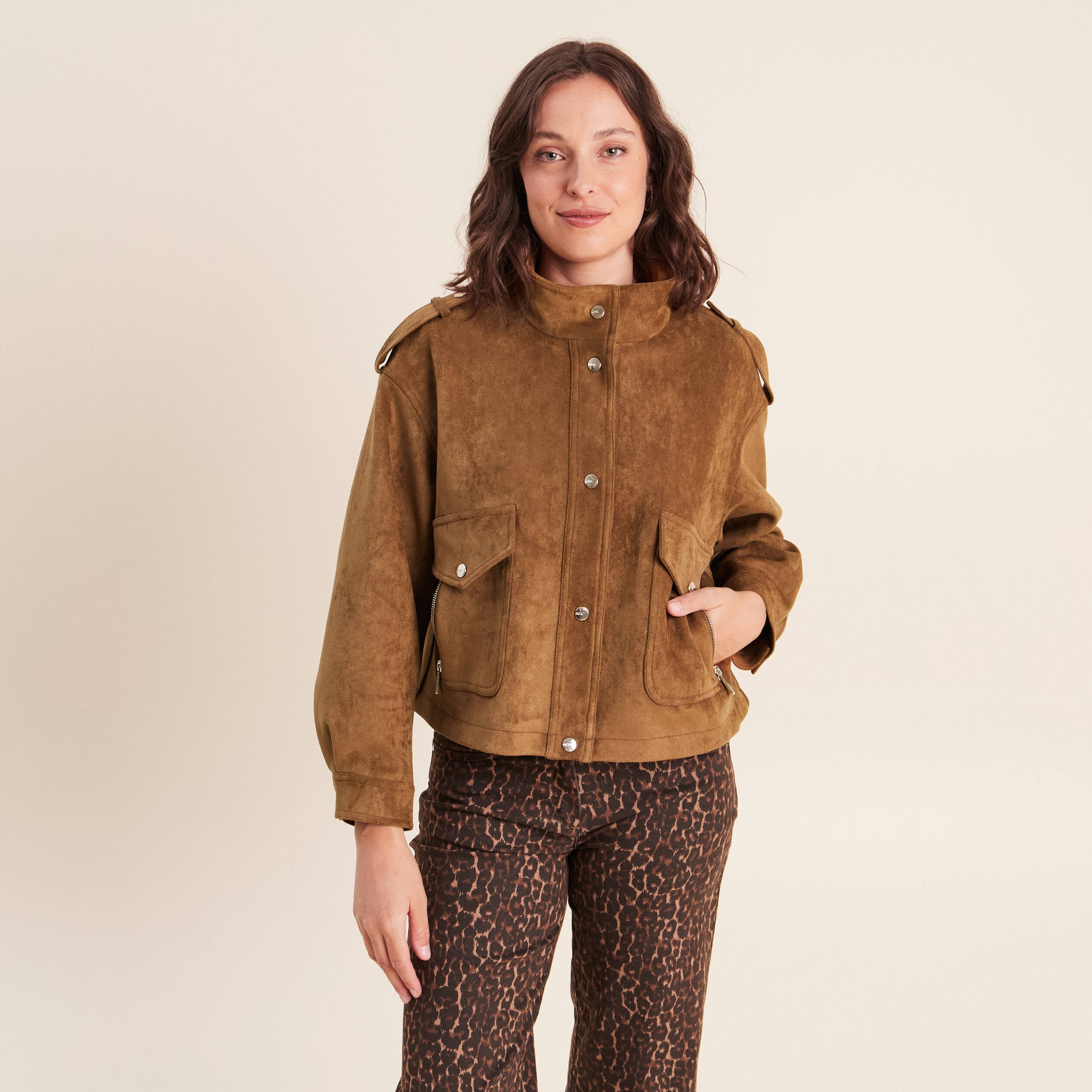 Veste ample col montant doubl&eacute;e marron fonc&eacute; femme