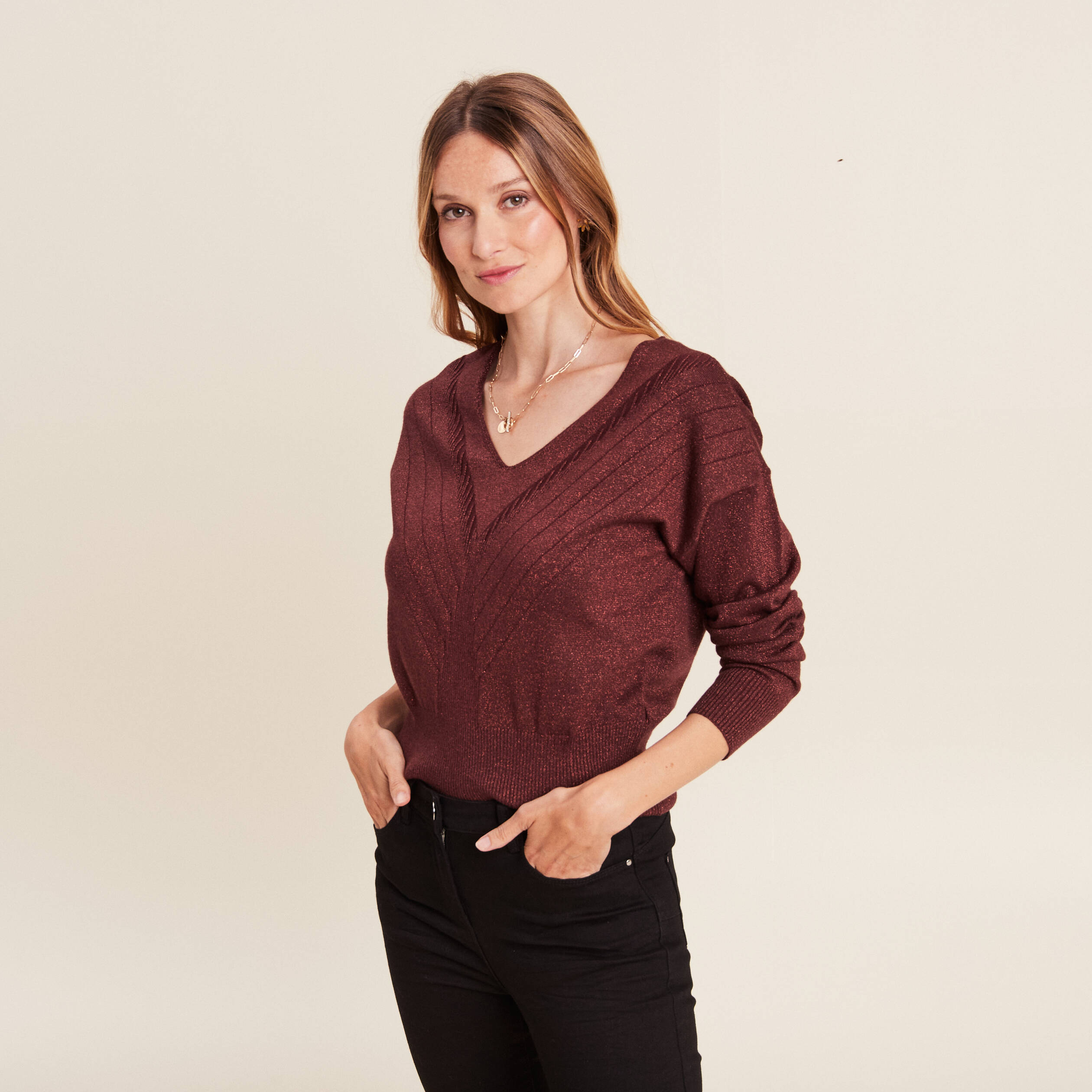 Pull à teneur en soie, col jabot et manches longues, baie | Ulla Popken