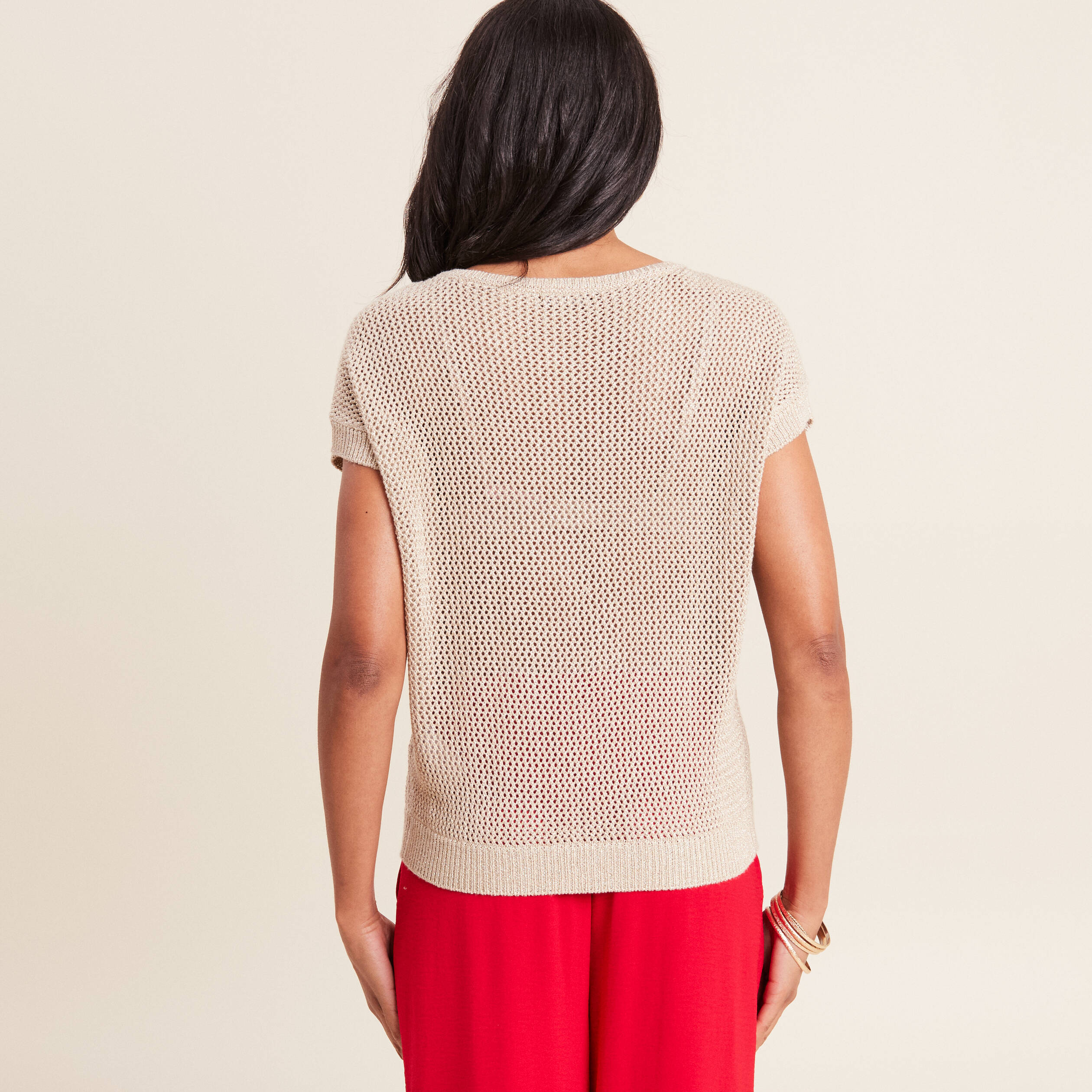 Pull manches courtes ajouré couleur or femme
