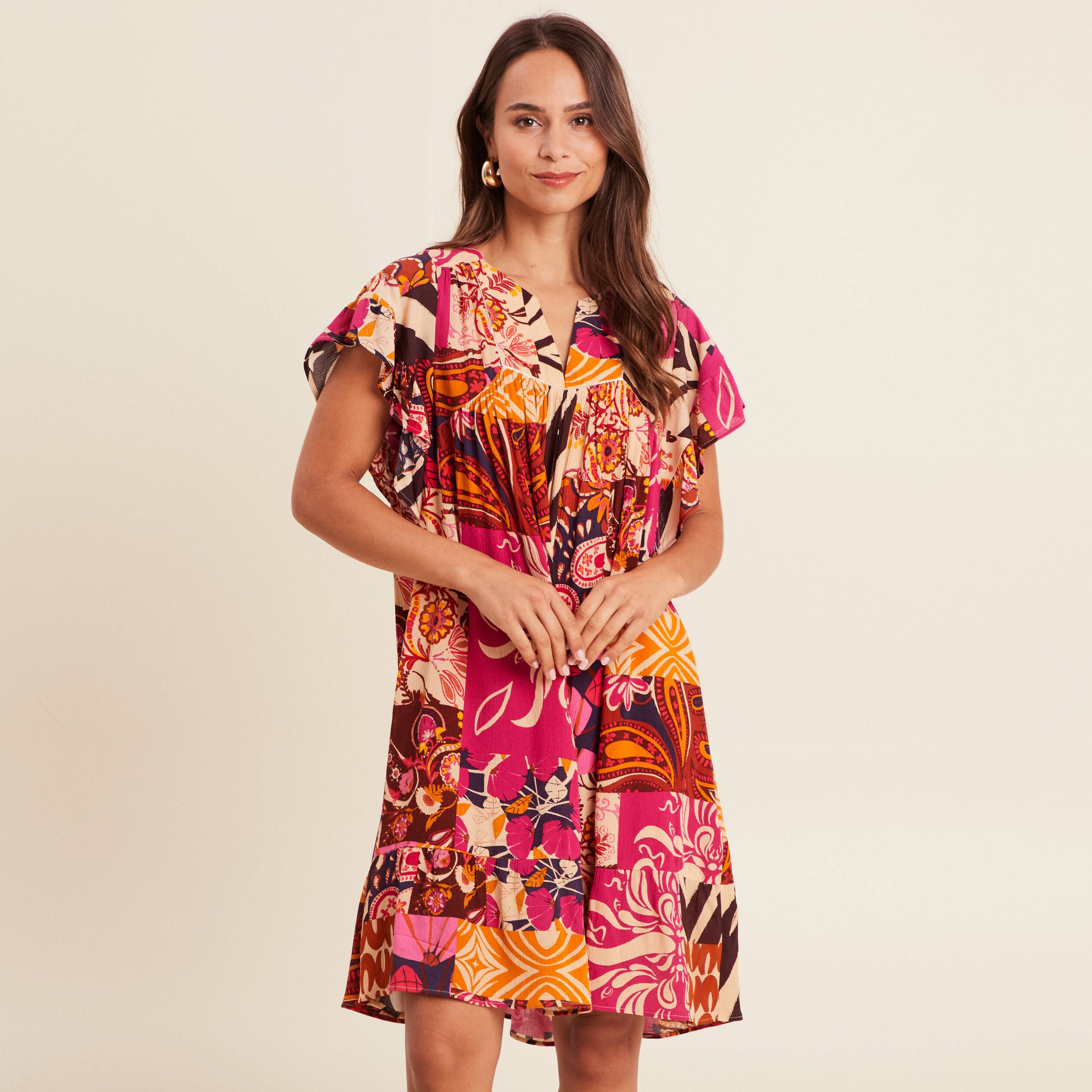 robe courte evasee col tunisien rose femme Robe courte évasée col tunisien rose femme