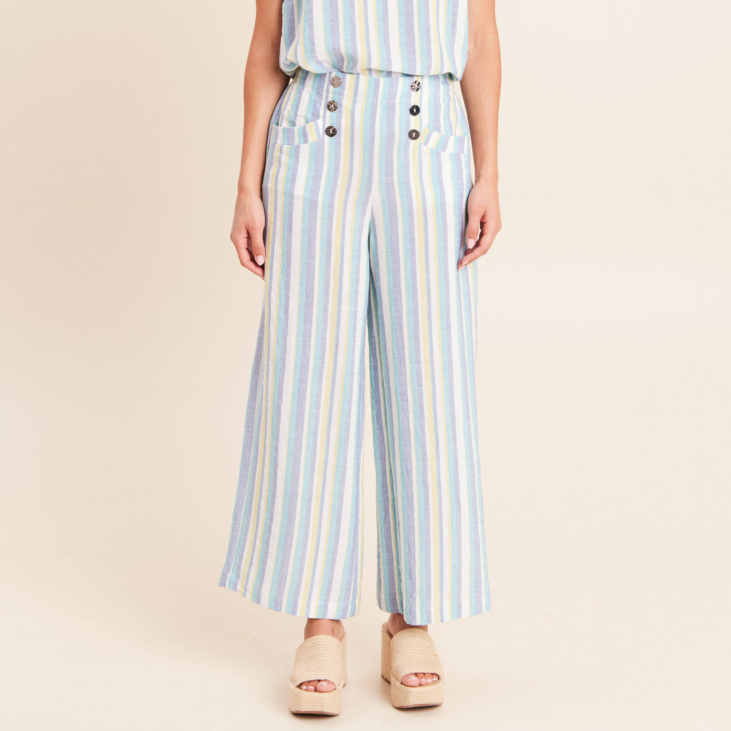 Pantalon large 7/8&egrave;me taille haute bleu femme
