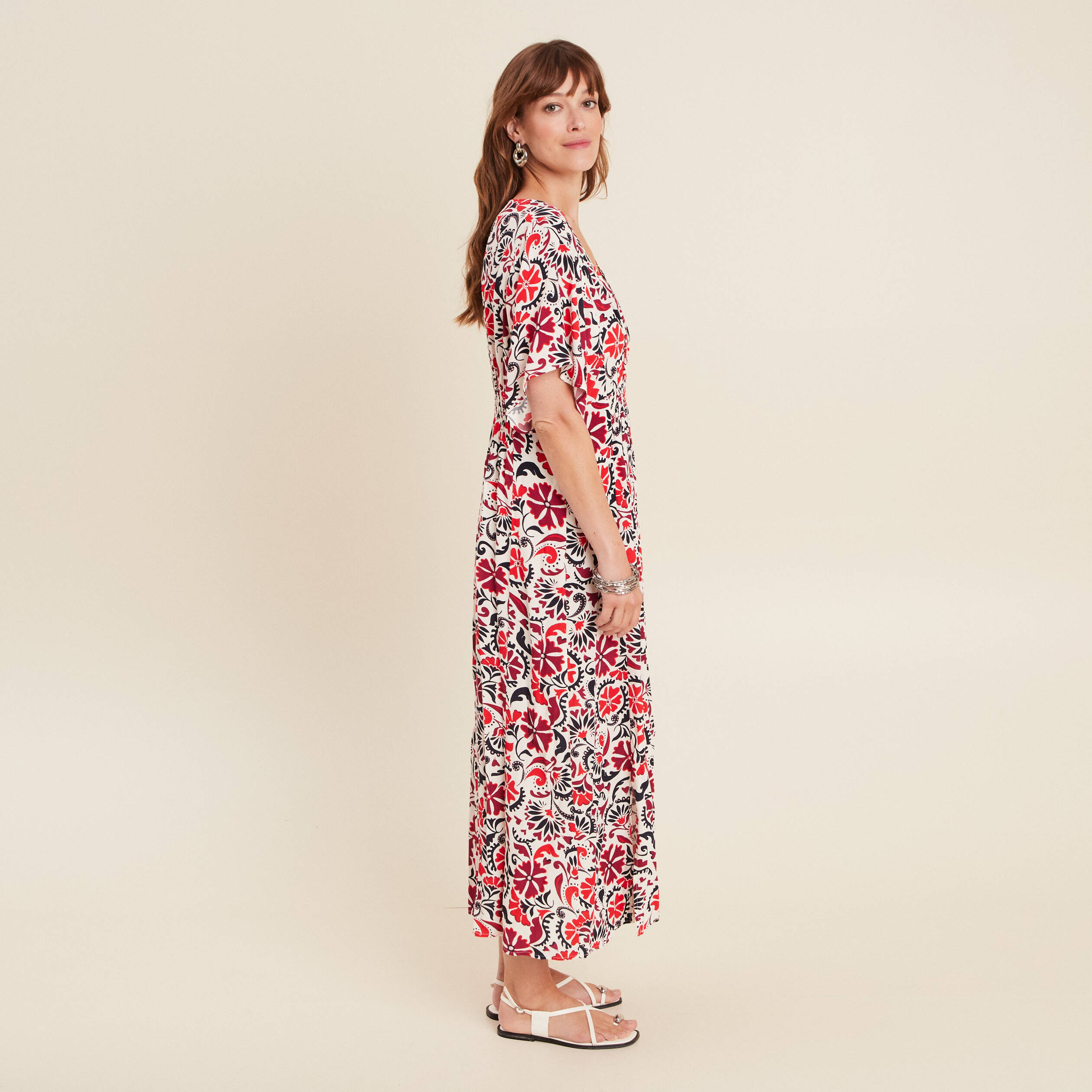 robe longue evasee col en v blanc femme Robe longue évasée col en V blanc femme