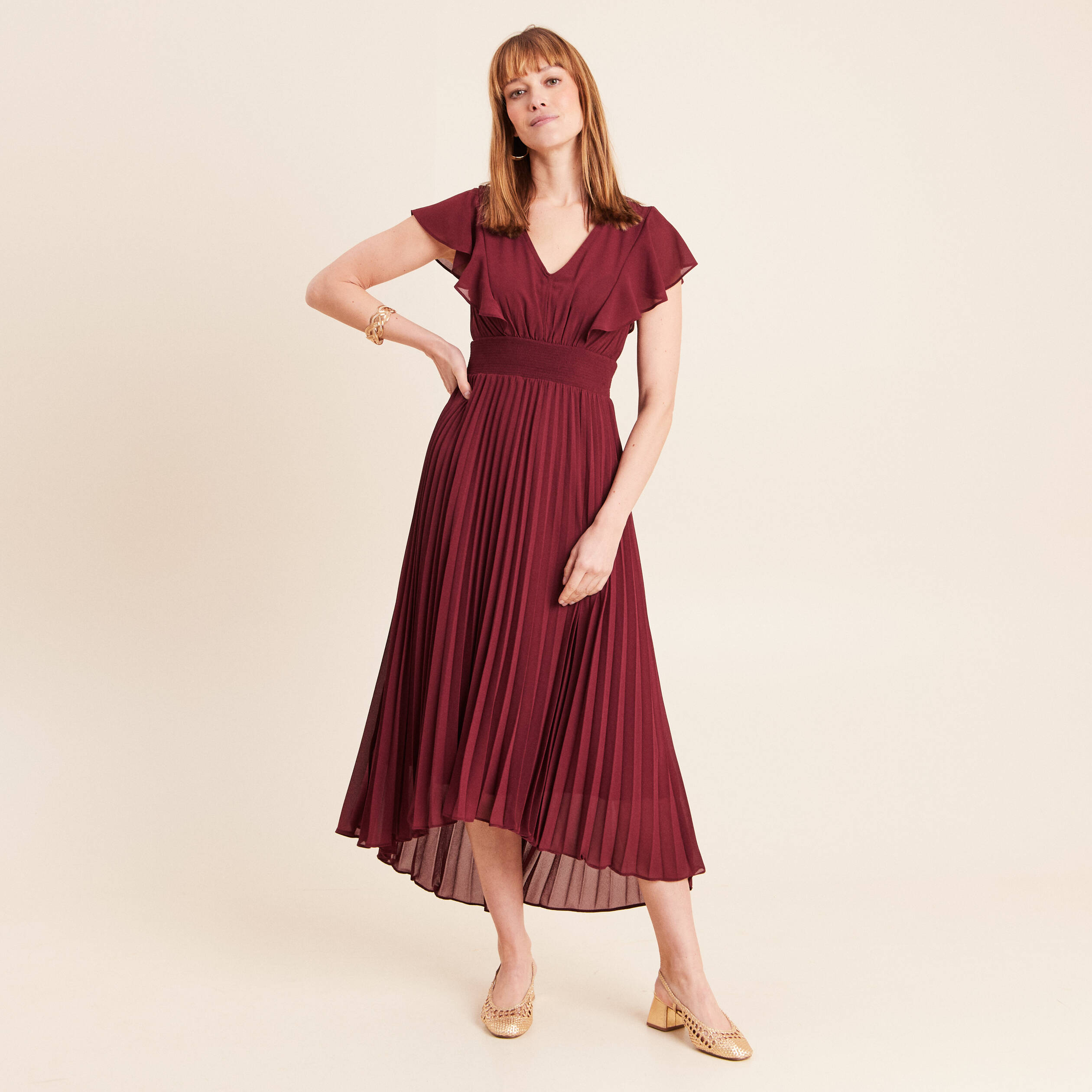 Robe longue &eacute;vas&eacute;e &agrave; volants prune femme