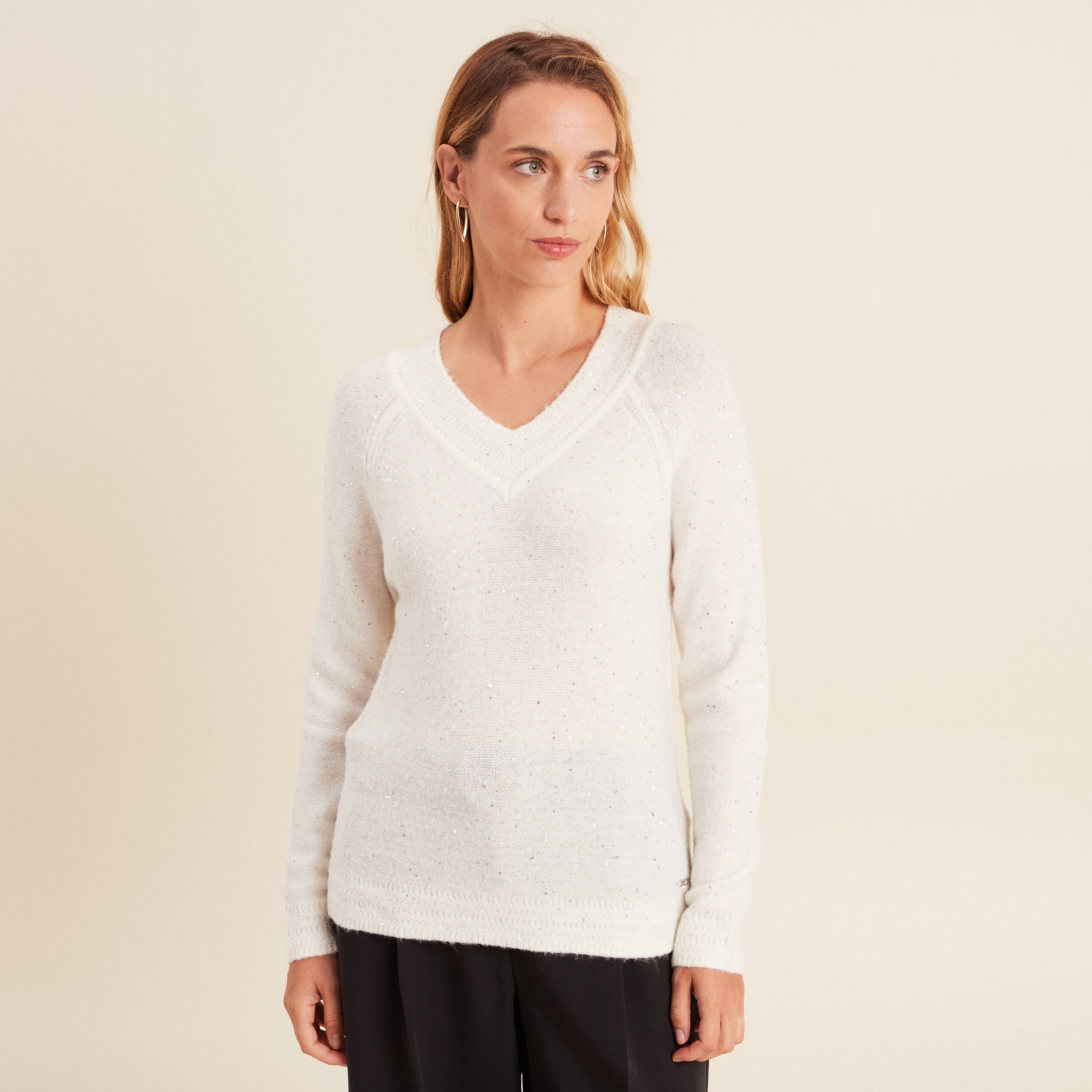 Pull manches longues ecru femme