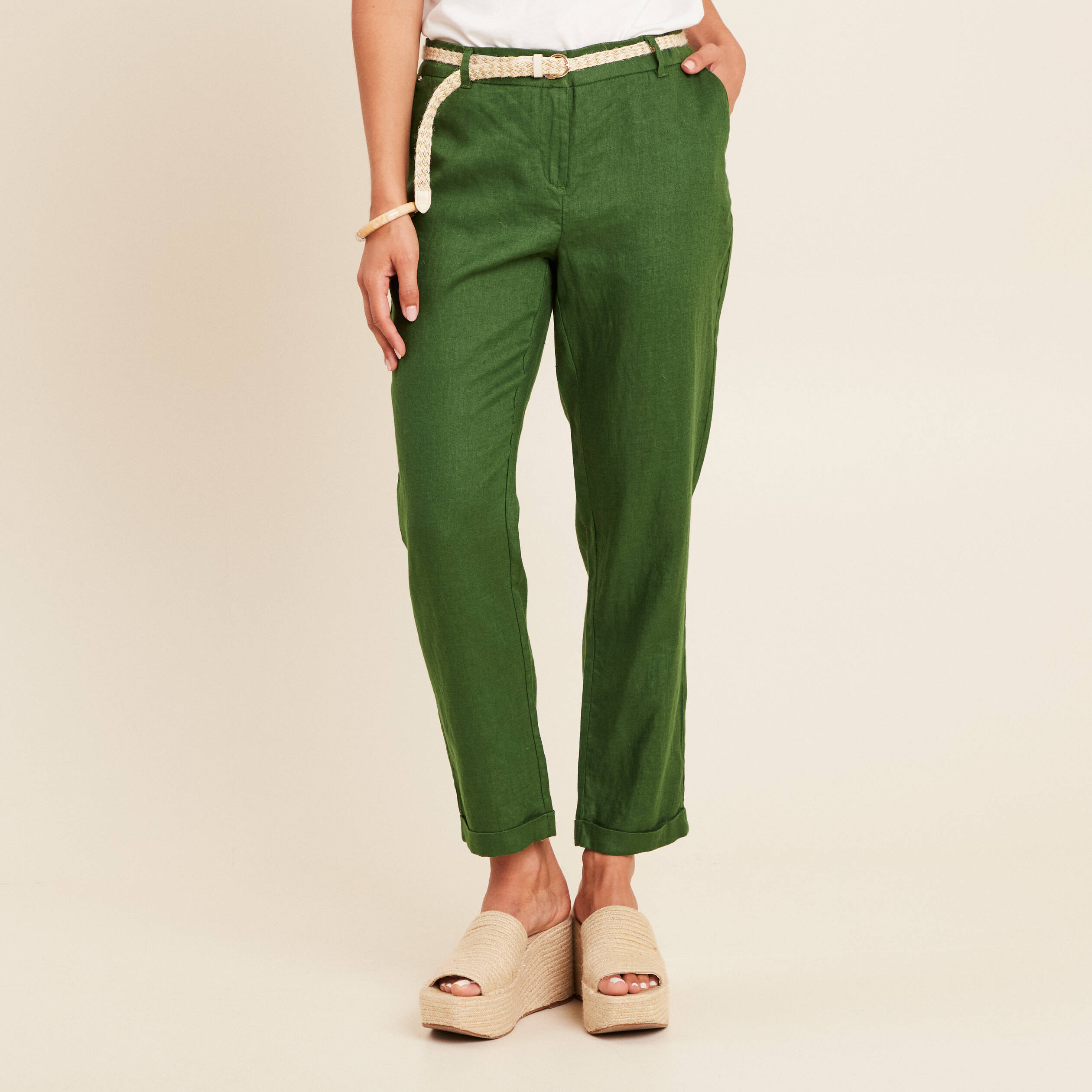 pantalon flou ceinture vert fonce femme Pantalon flou ceinturé vert foncé femme