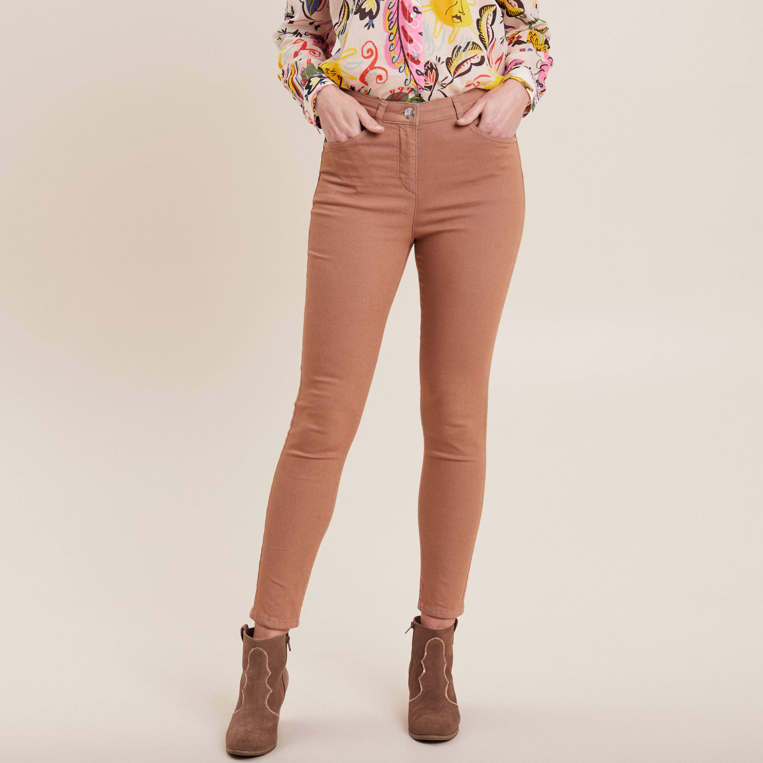 Pantalon léger taille haute 7/8ème marron femme