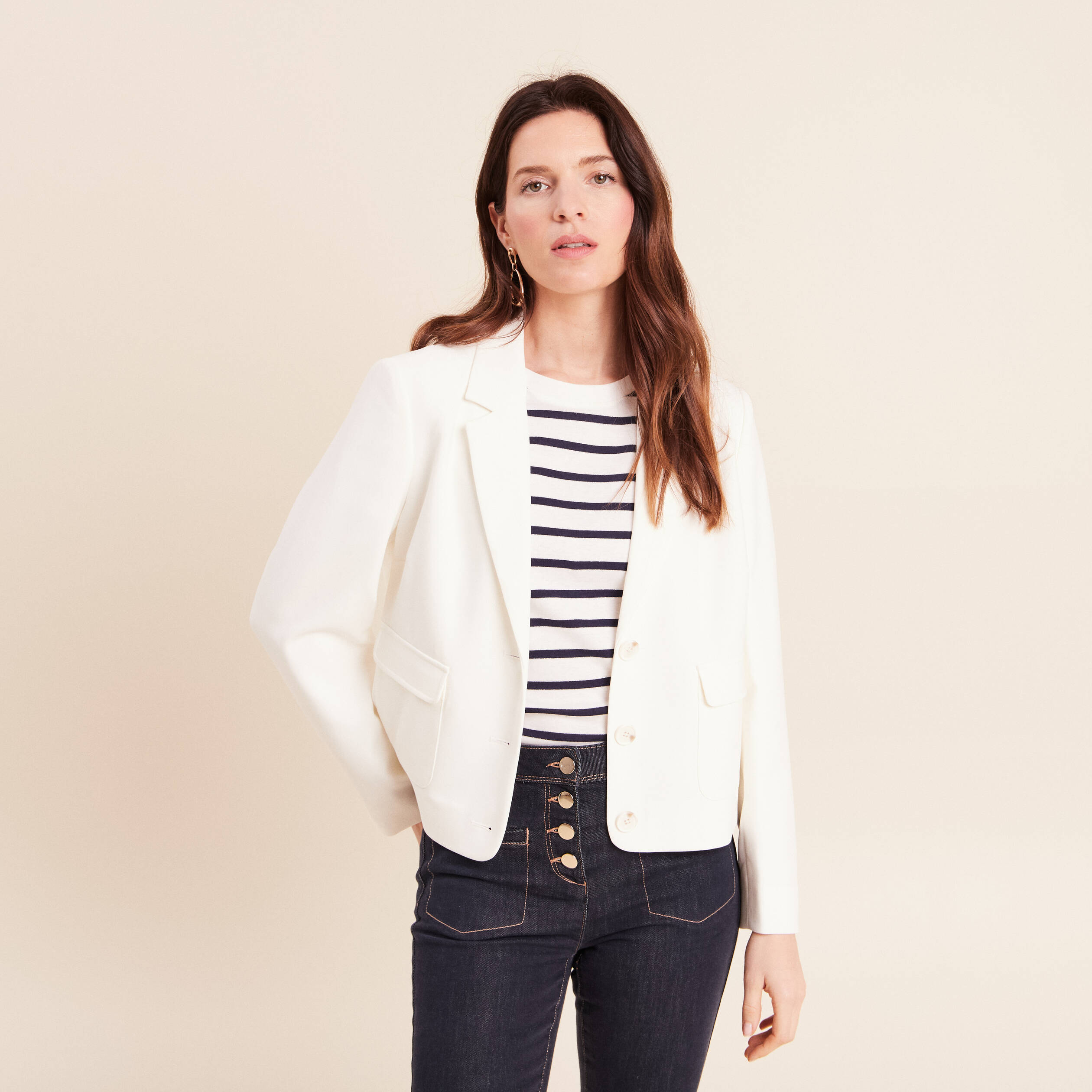 Veste droite courte &agrave; manches longues ecru femme