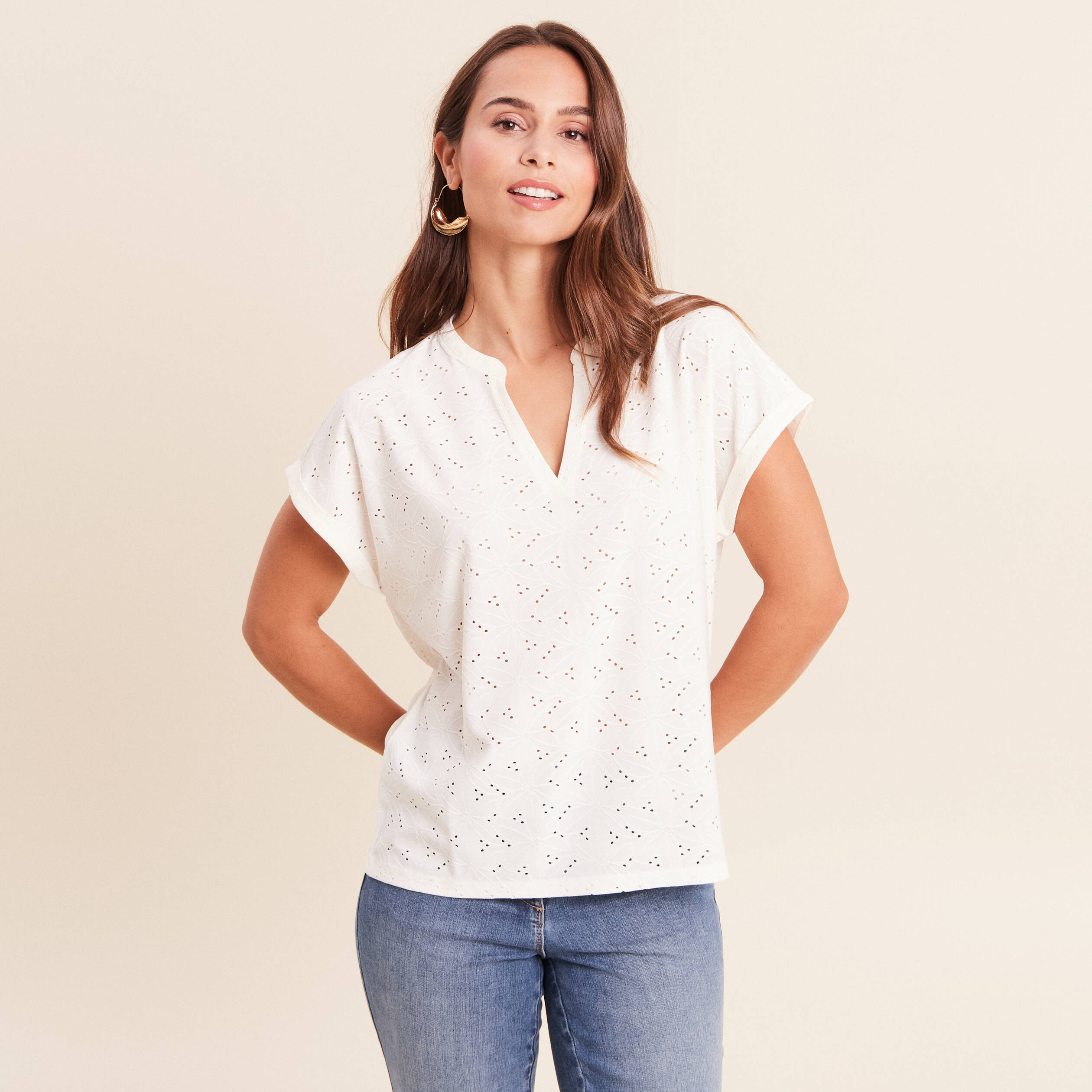 T-shirt droit manches courtes ecru femme