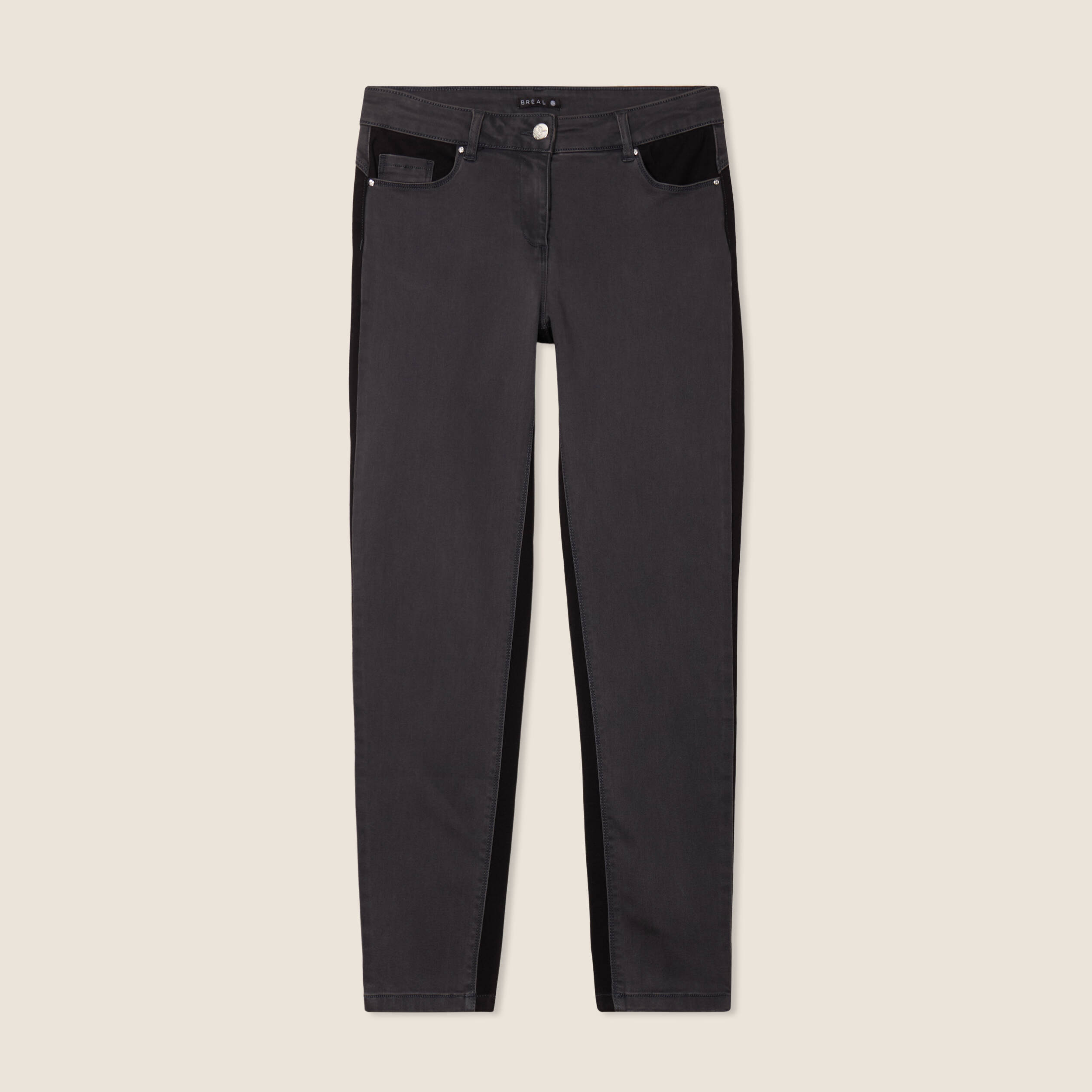 Jean ajusté 7/8ème effet bi-matière denim gris femme