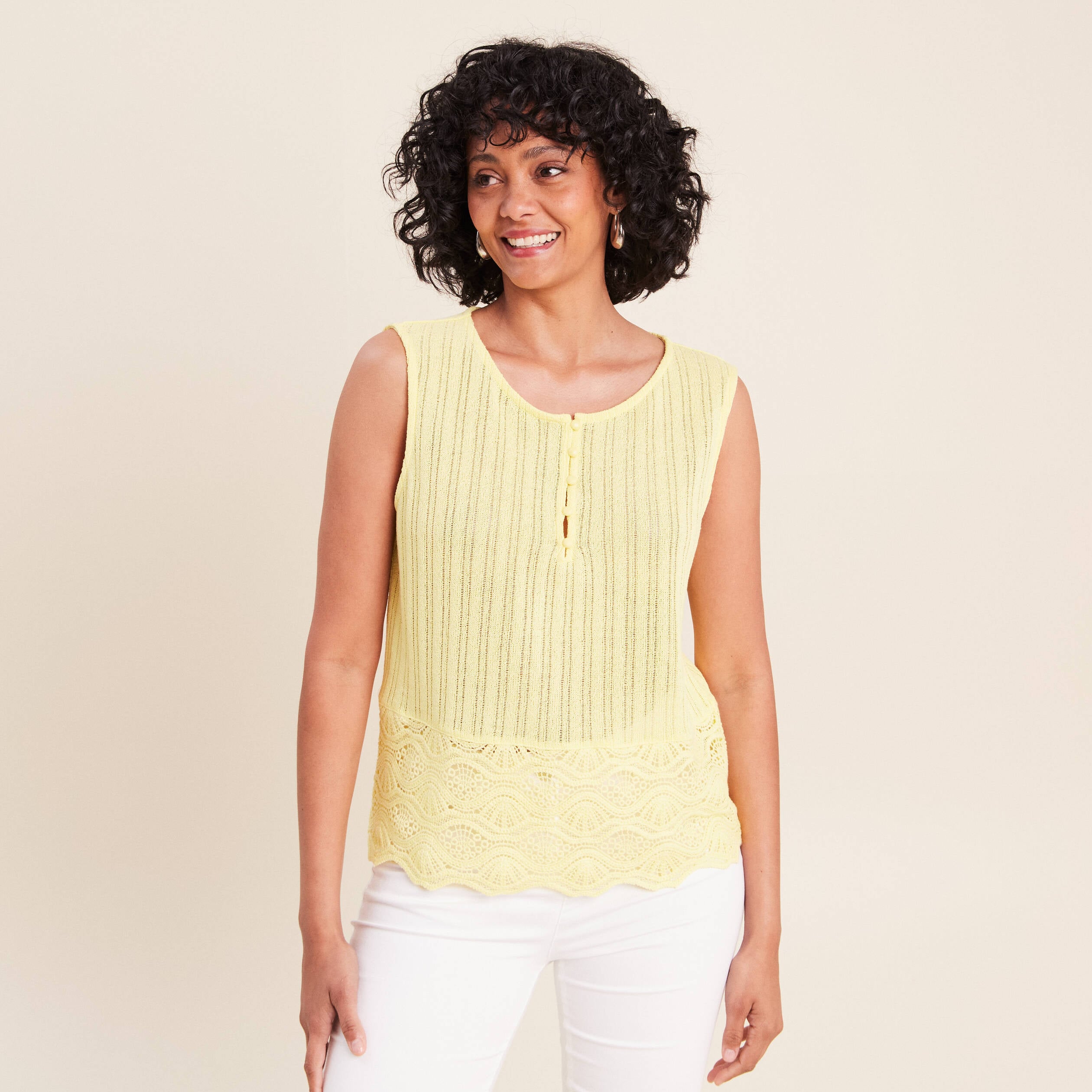 Top sans manches avec dentelle jaune pastel femme