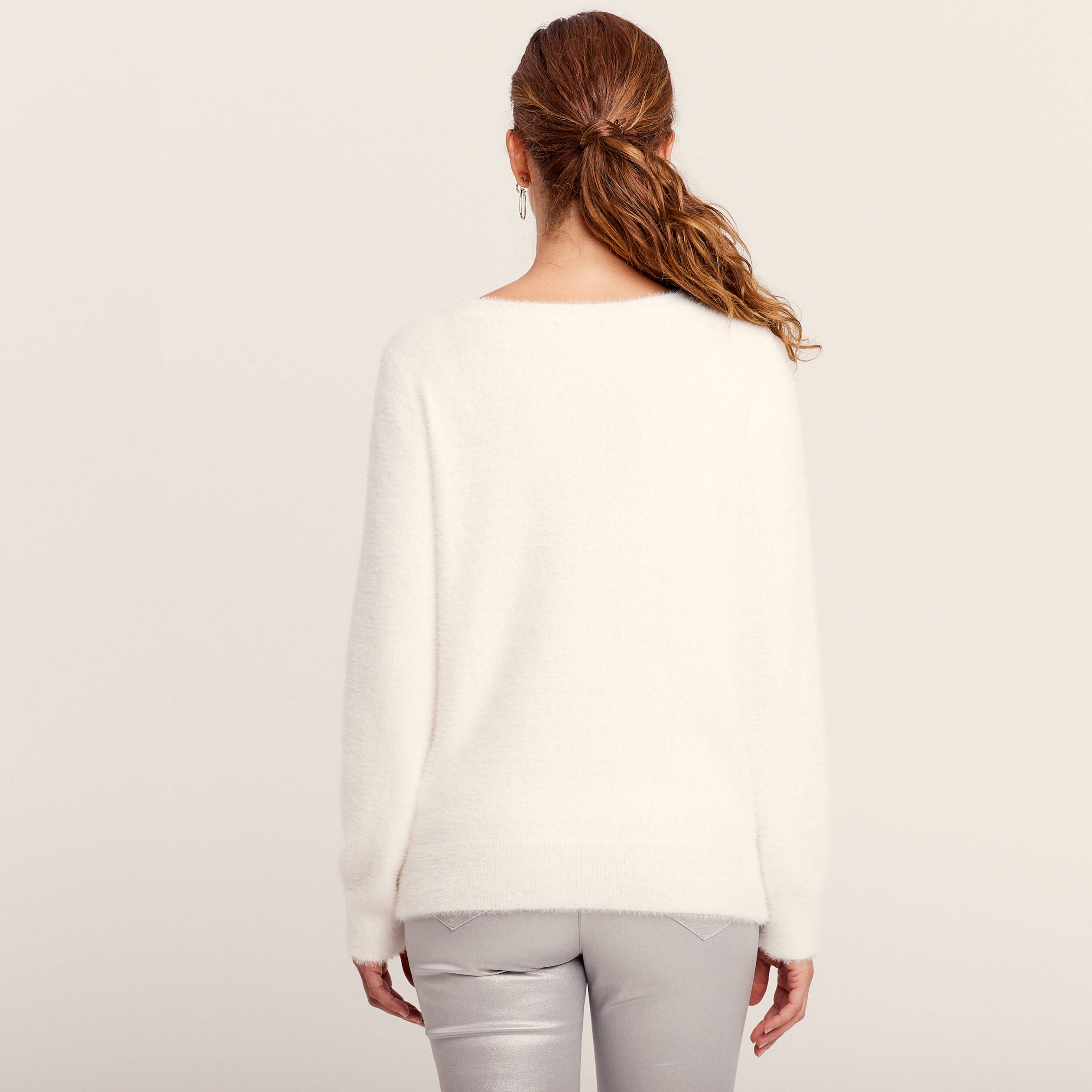 Pull manches longues strass ecru femme