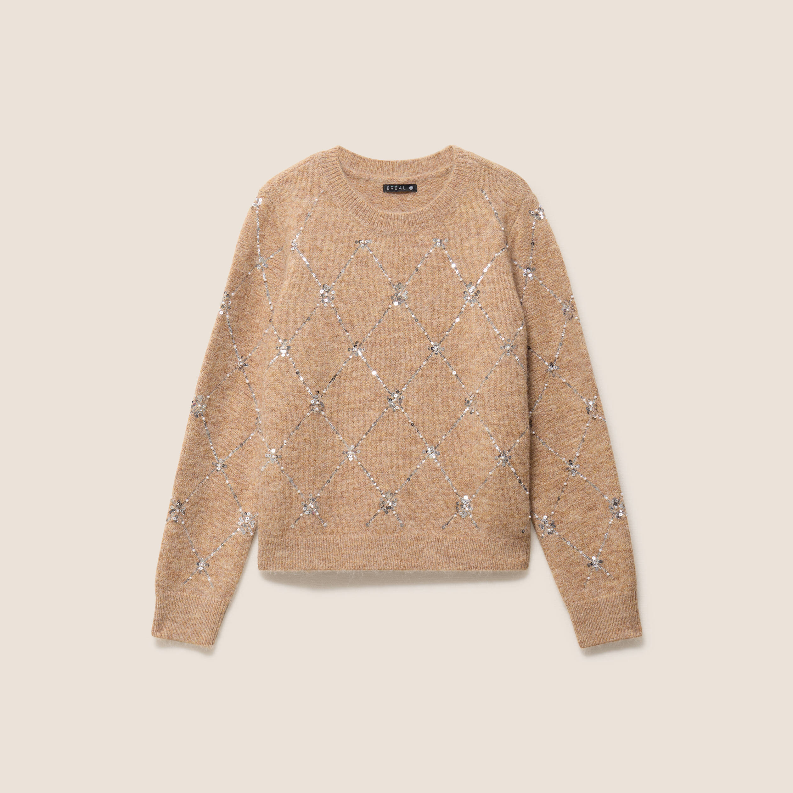 Pull col rond &agrave; sequins marron clair femme