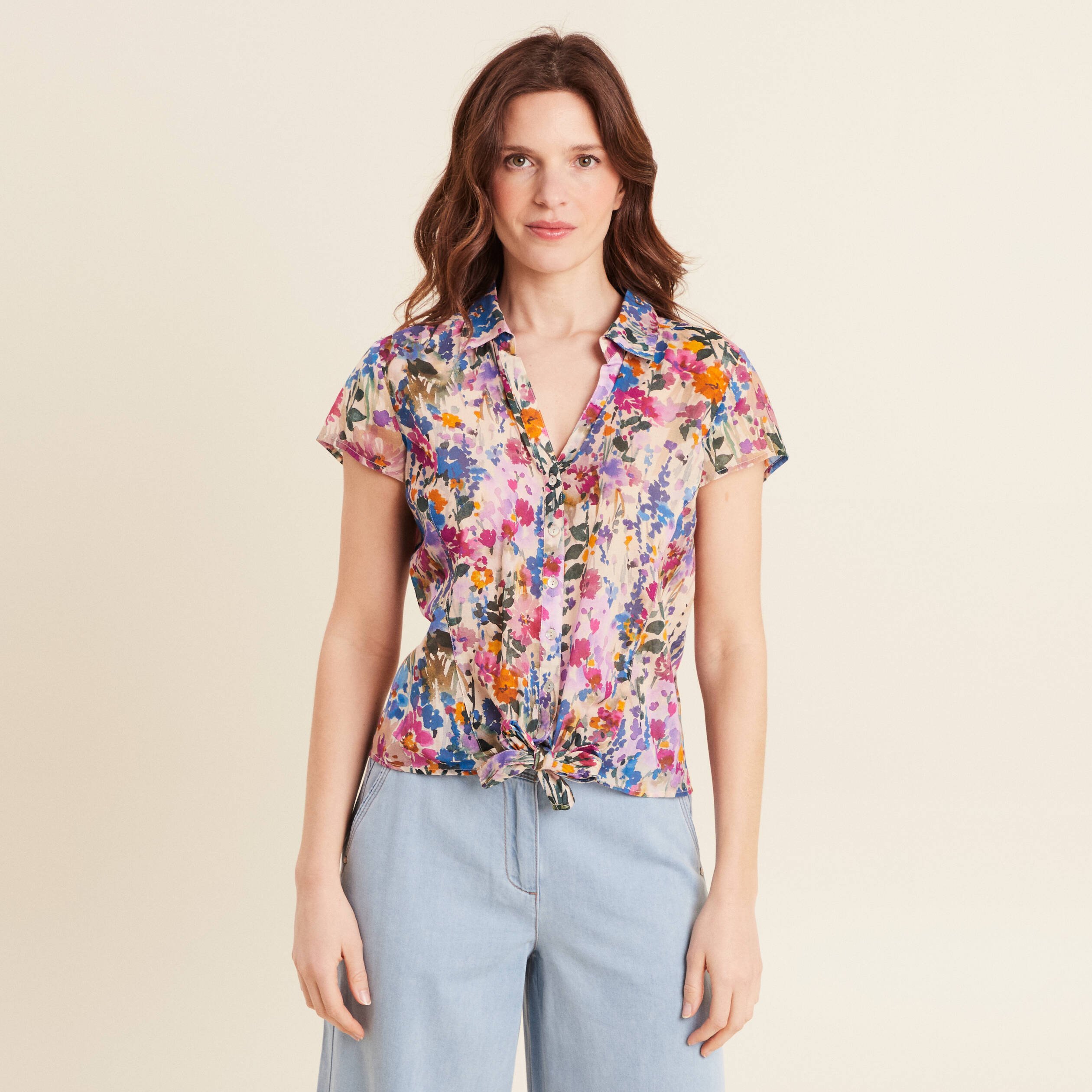 Chemise manches courtes nouée violet femme