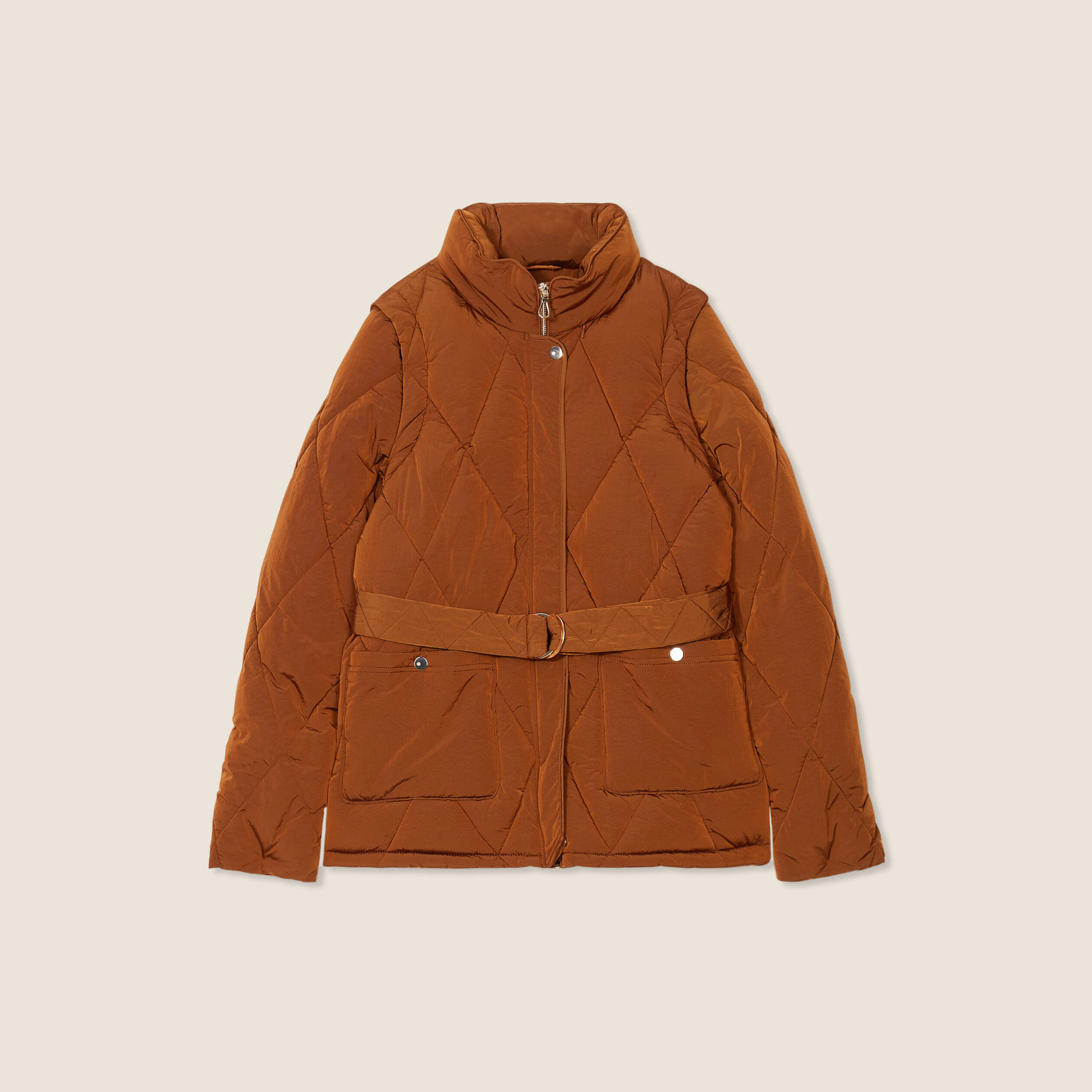 Doudoune déperlante cintrée ceinturée marron femme