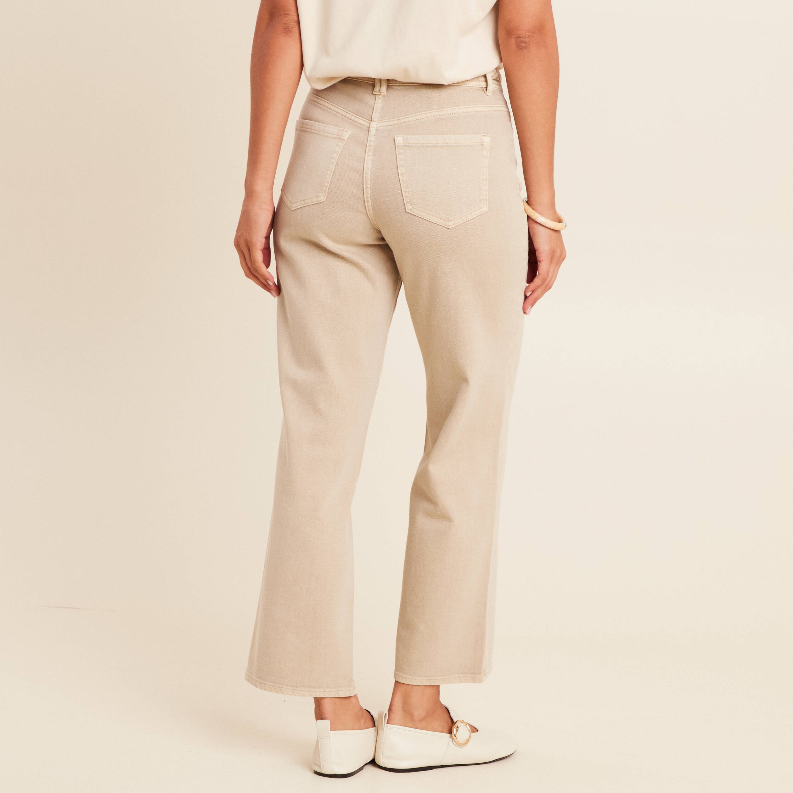 Jean coupe large 7/8&egrave;me taille haute denim beige femme