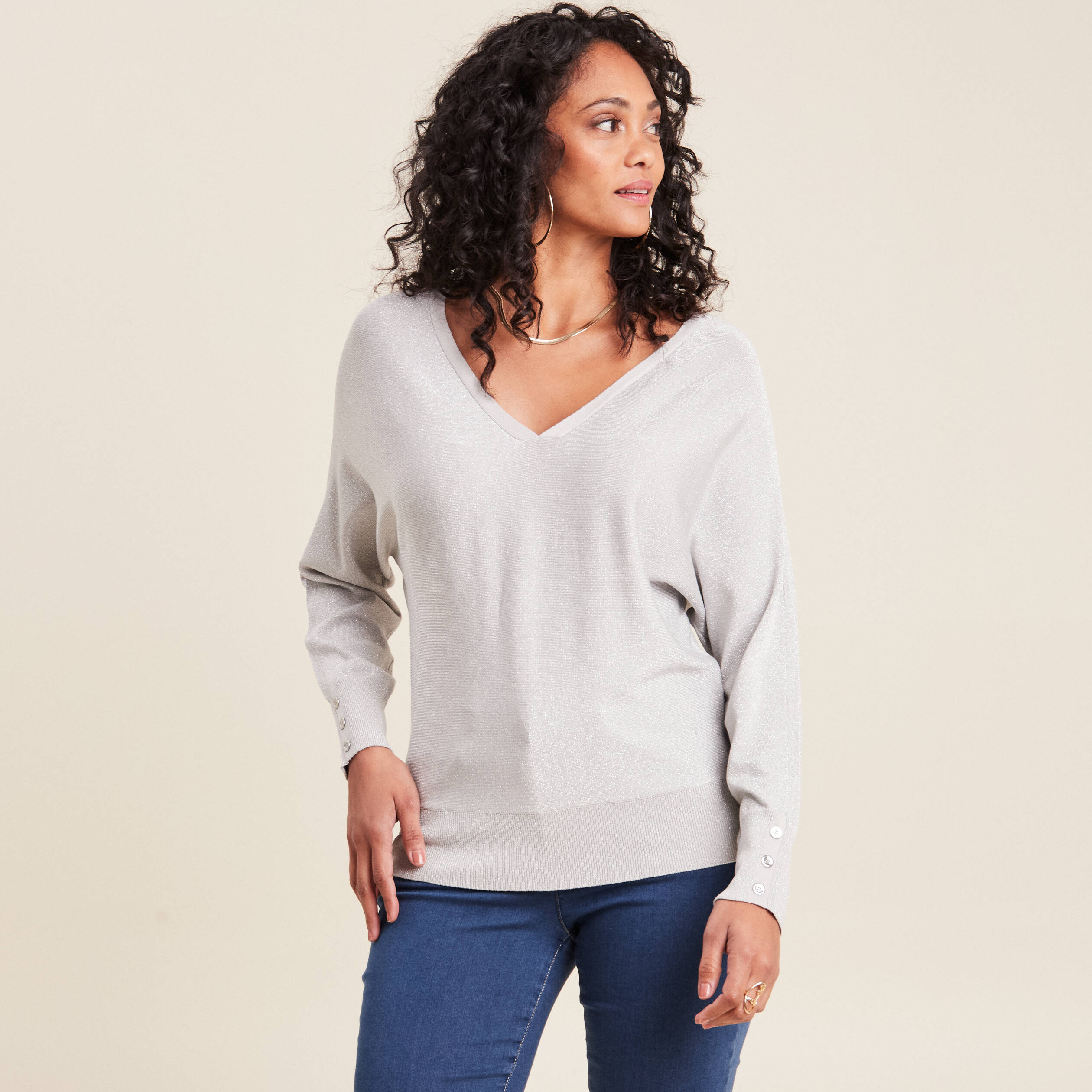 Pull manches longues couleur argent femme