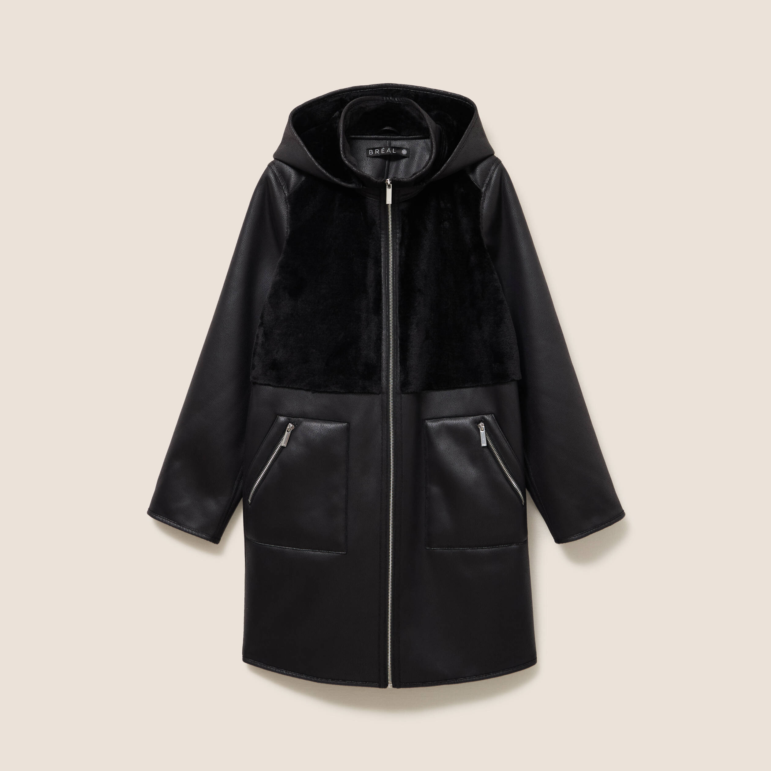 Manteau fausse fourrure capuche amovible noir femme