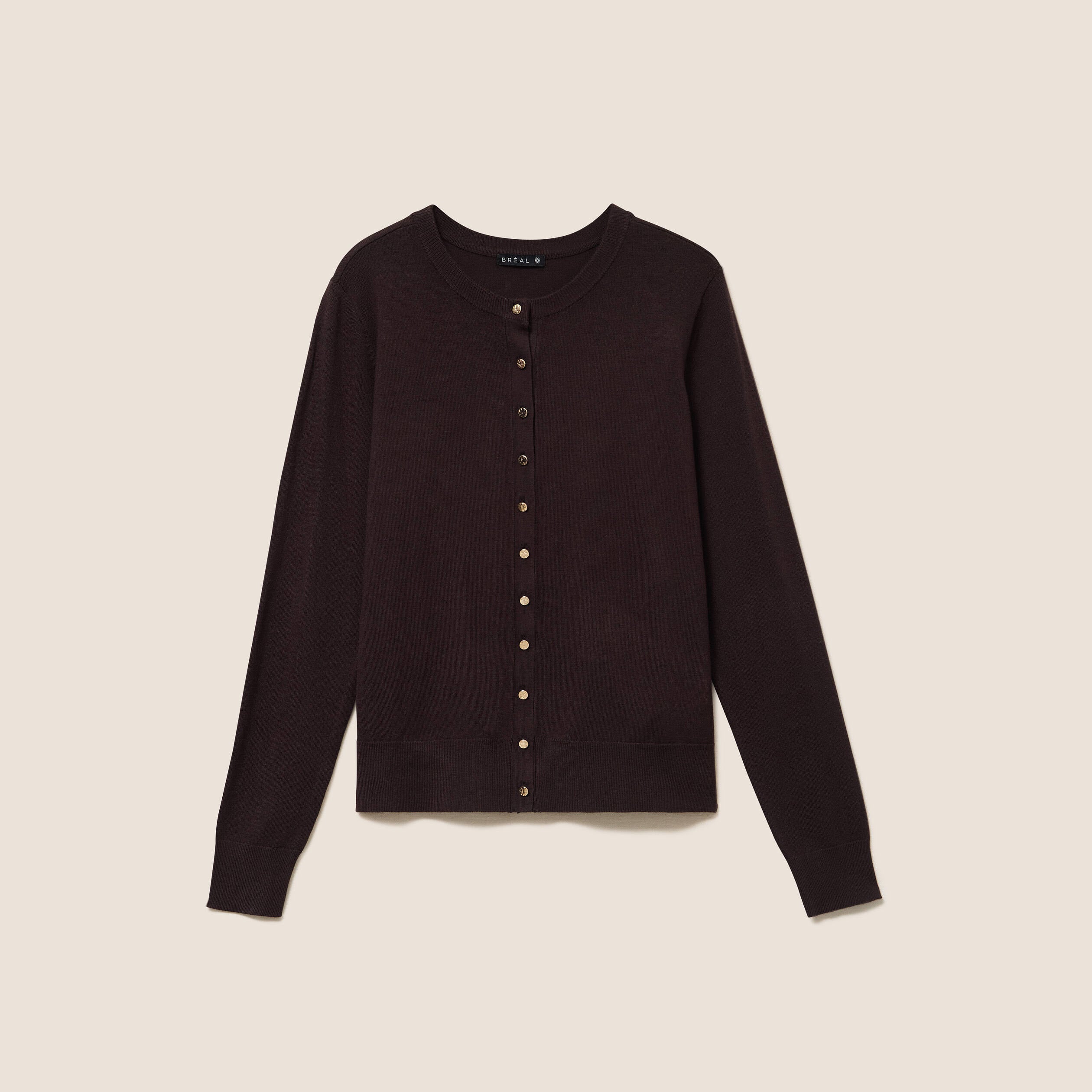 Gilet manches longues col rond marron fonc&eacute; femme