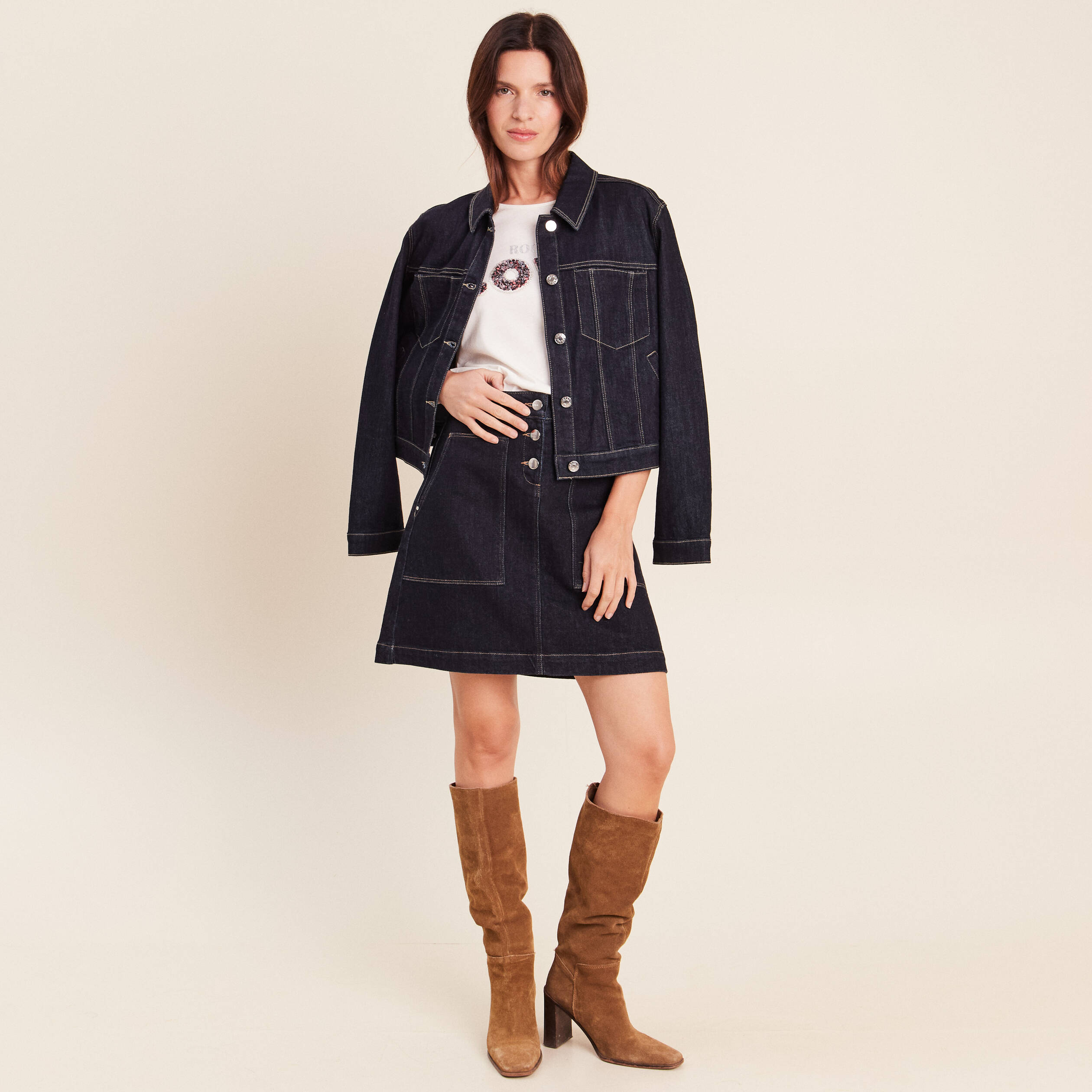 Jupe courte trap&egrave;ze en jean denim brut femme