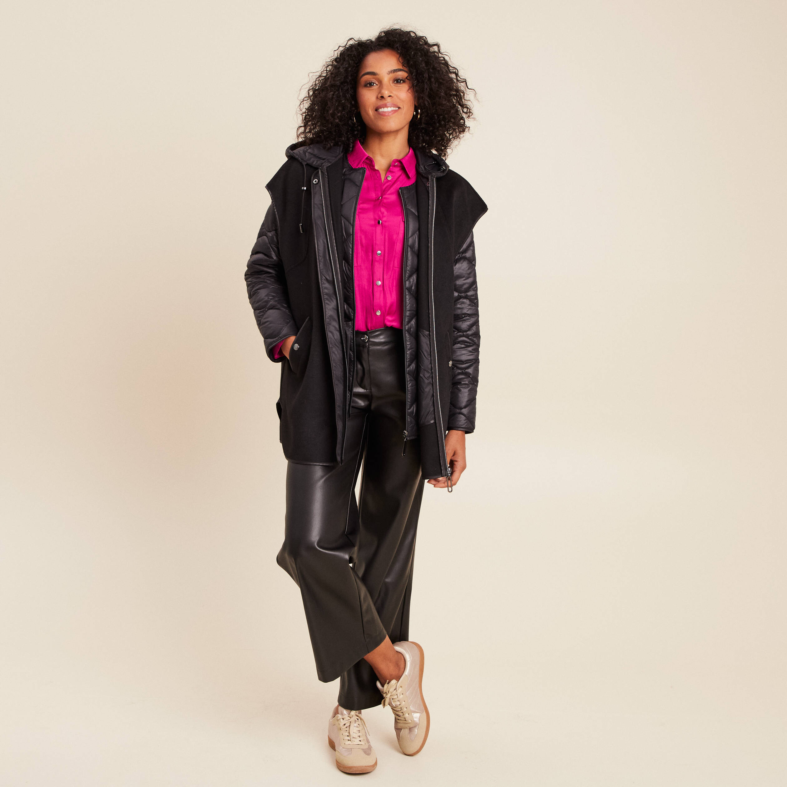 Pantalon taille bascul&eacute;e similicuir noir femme