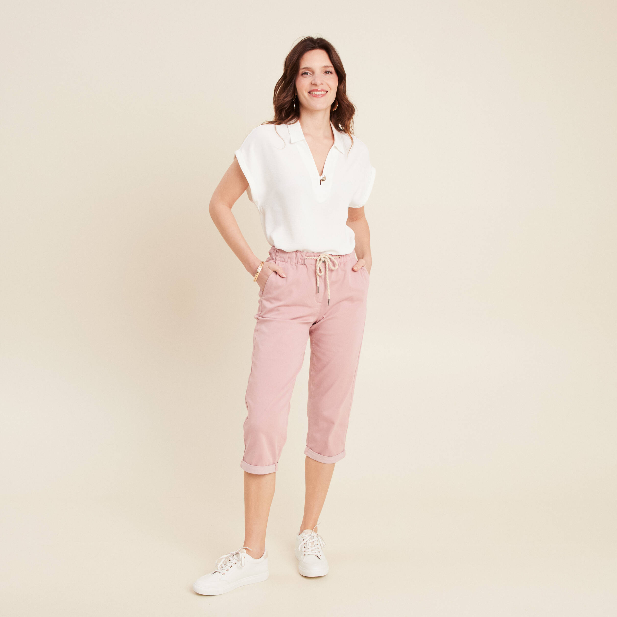 pantacourt large taille haute rose pastel femme Pantacourt large taille haute rose pastel femme