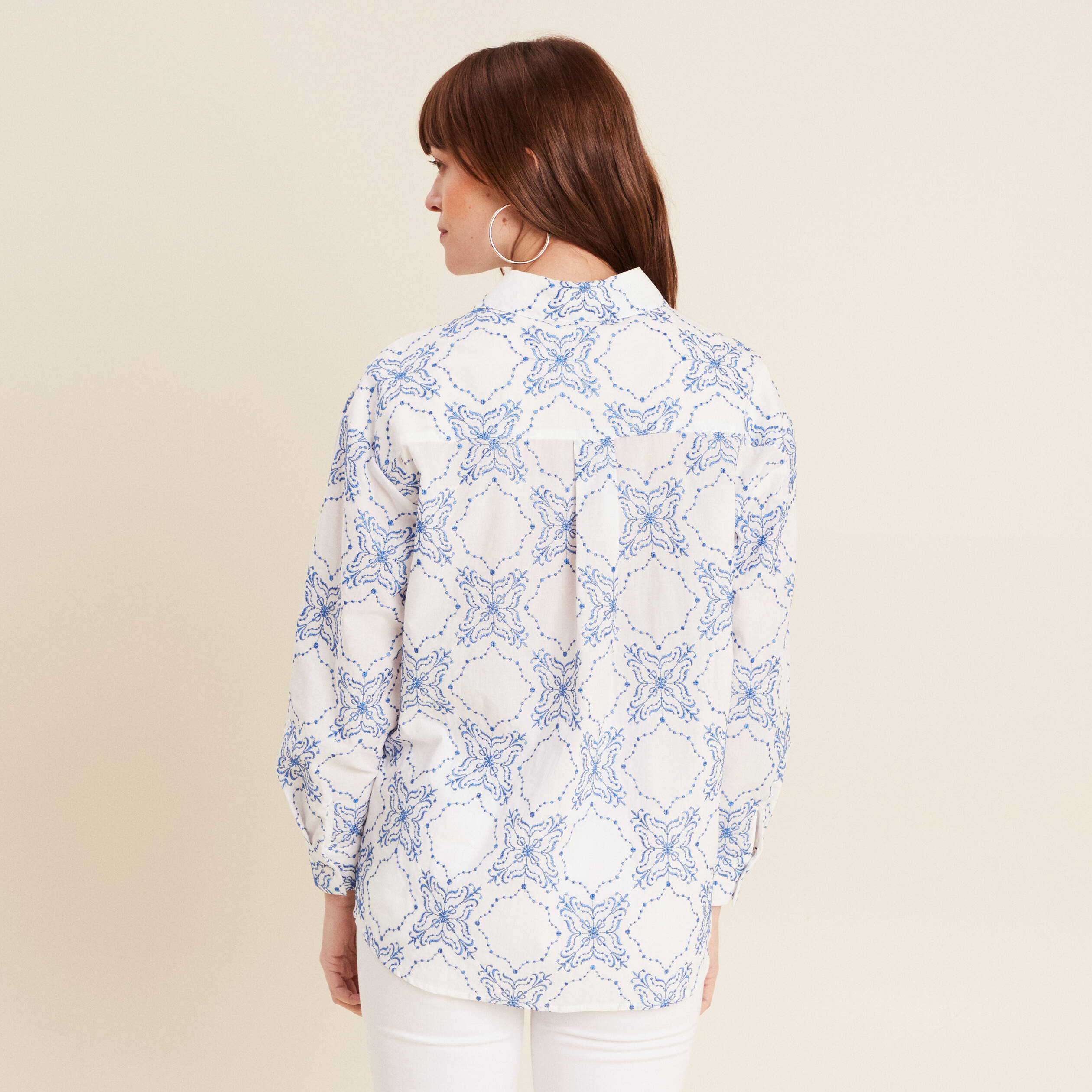 Chemise manches longues brodée bleu femme