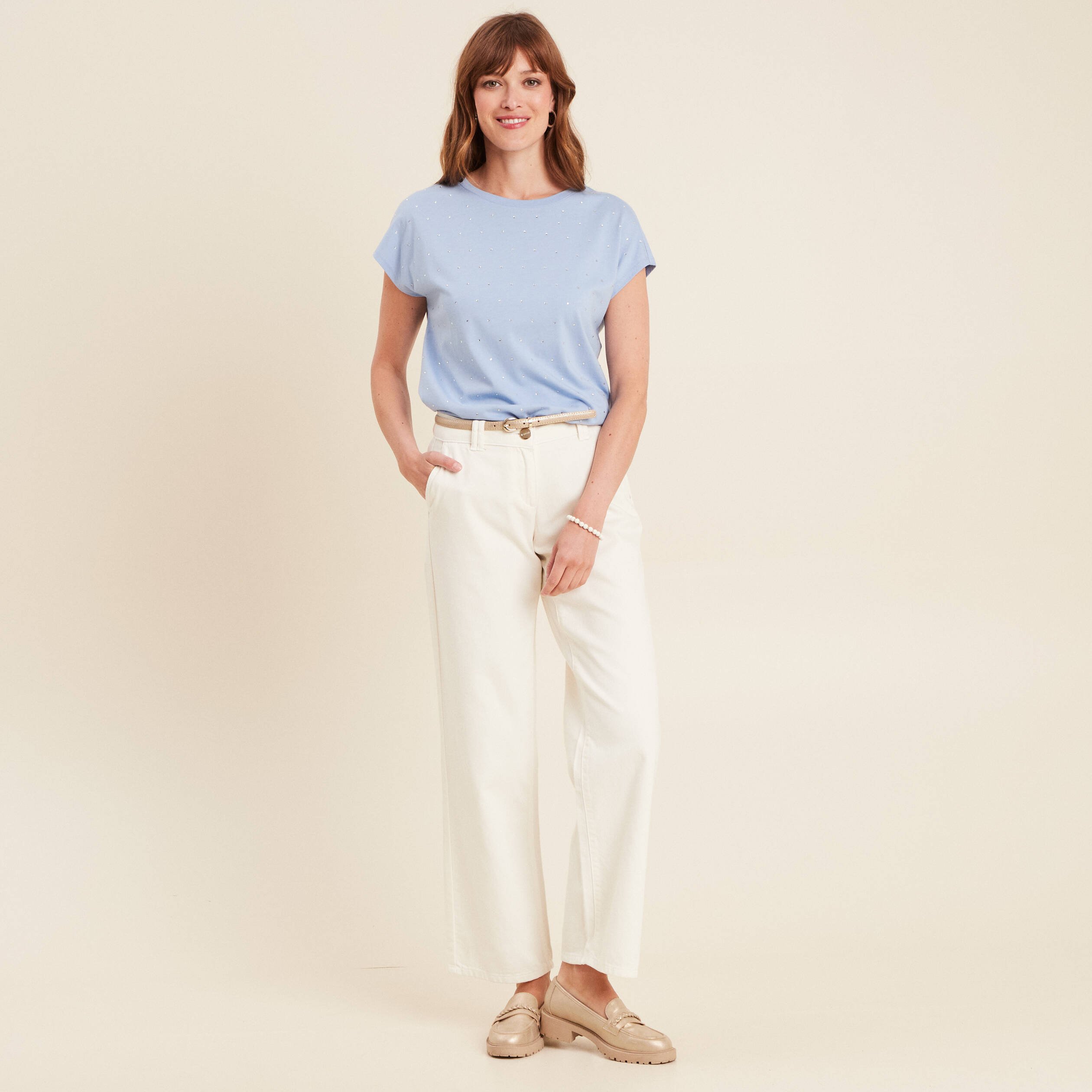 t shirt manches courtes strass bleu ciel femme T-shirt manches courtes strass bleu ciel femme