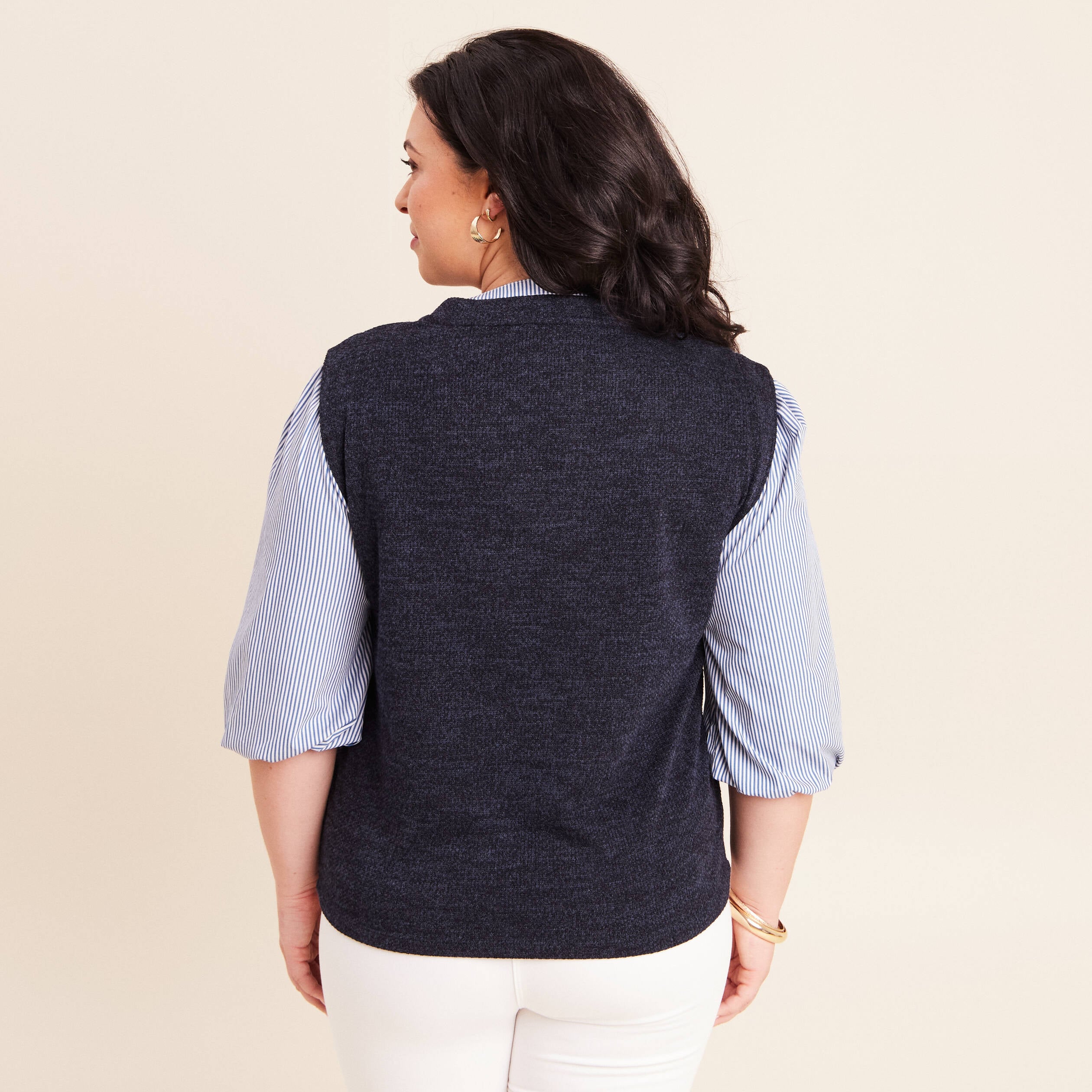 T-shirt 2 en 1 col tunisien manches 3/4 bleu marine femme