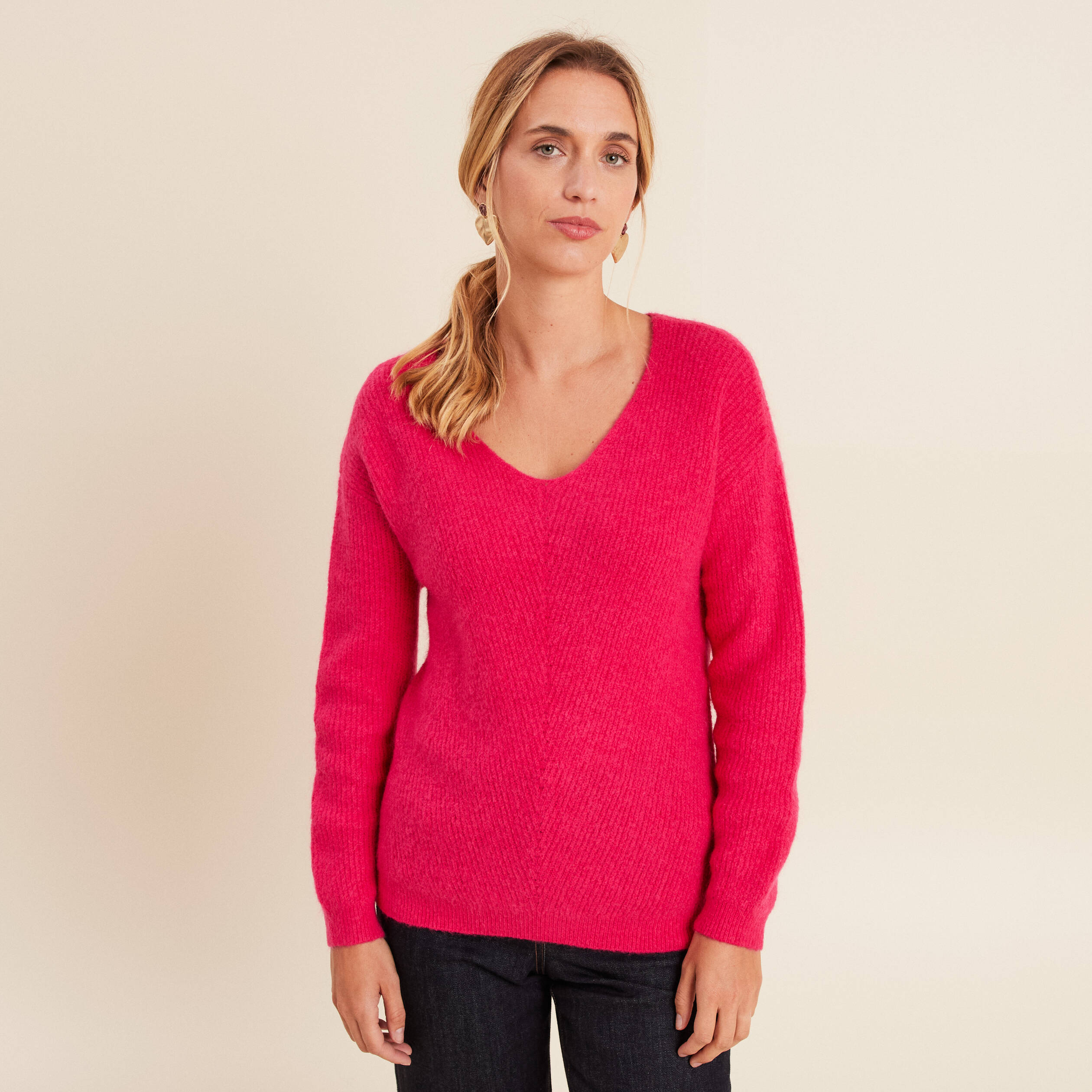 Pull col v rose femme