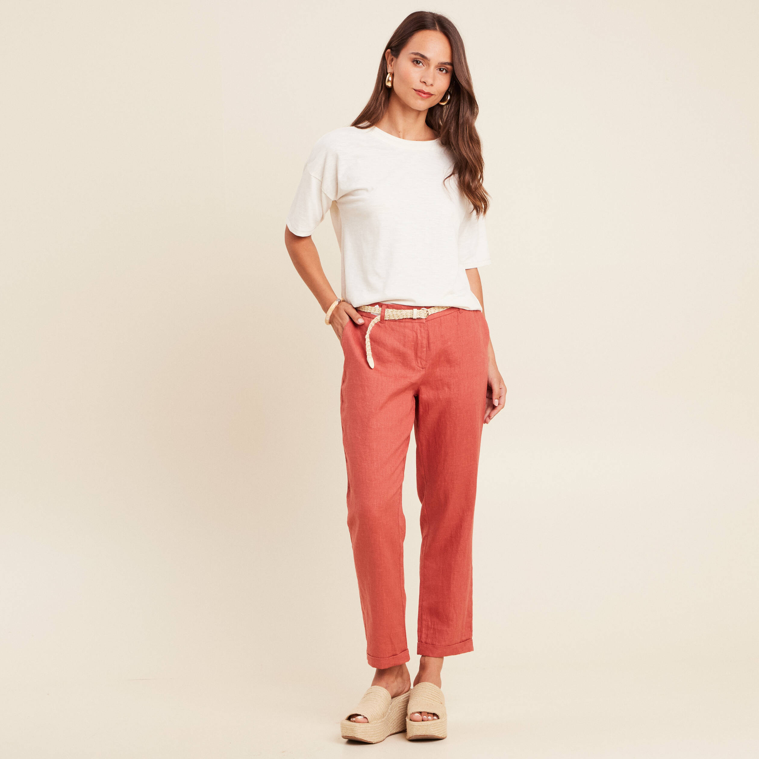pantalon flou ceinture vieux rose femme Pantalon flou ceinturé vieux rose femme