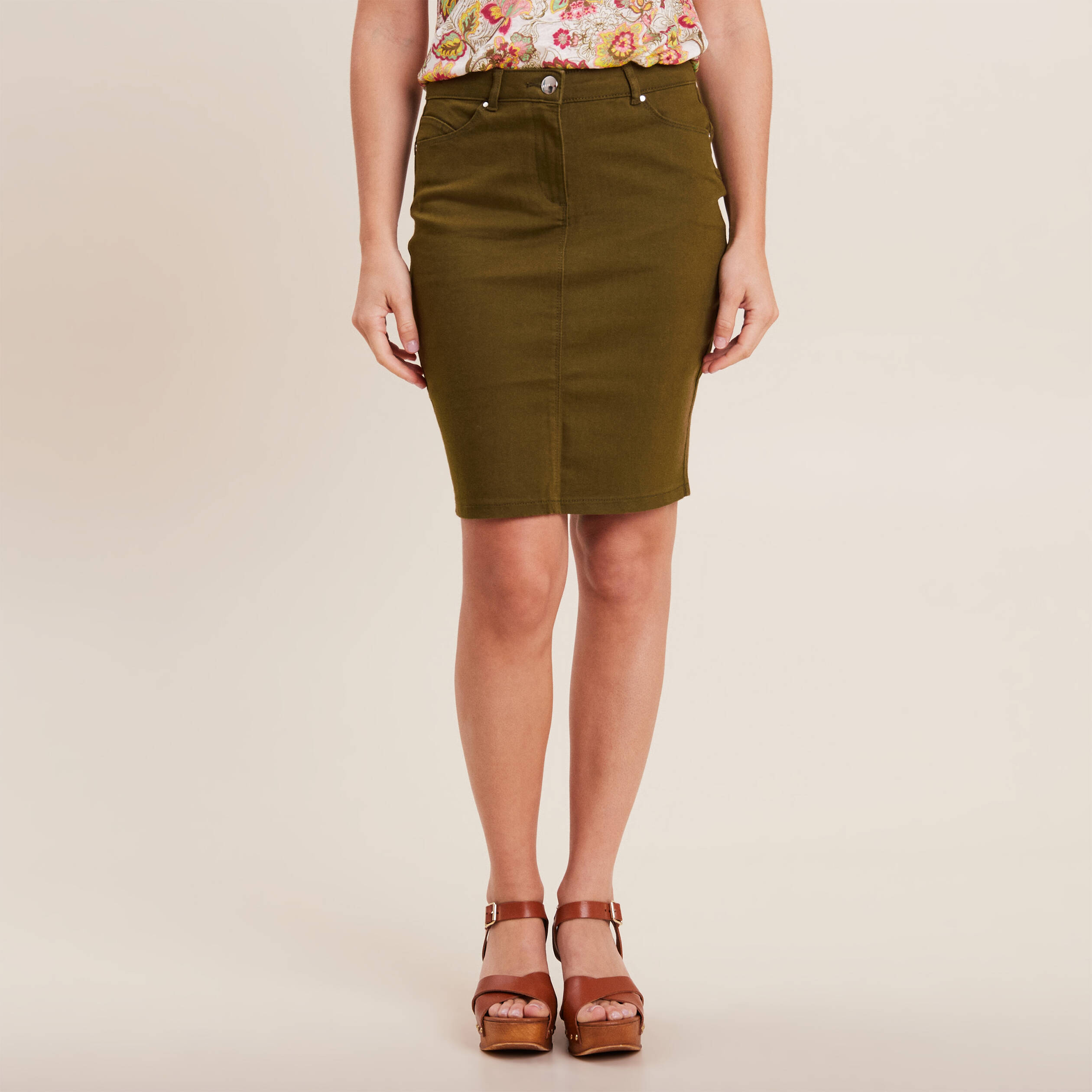 Jupe droite vert olive femme