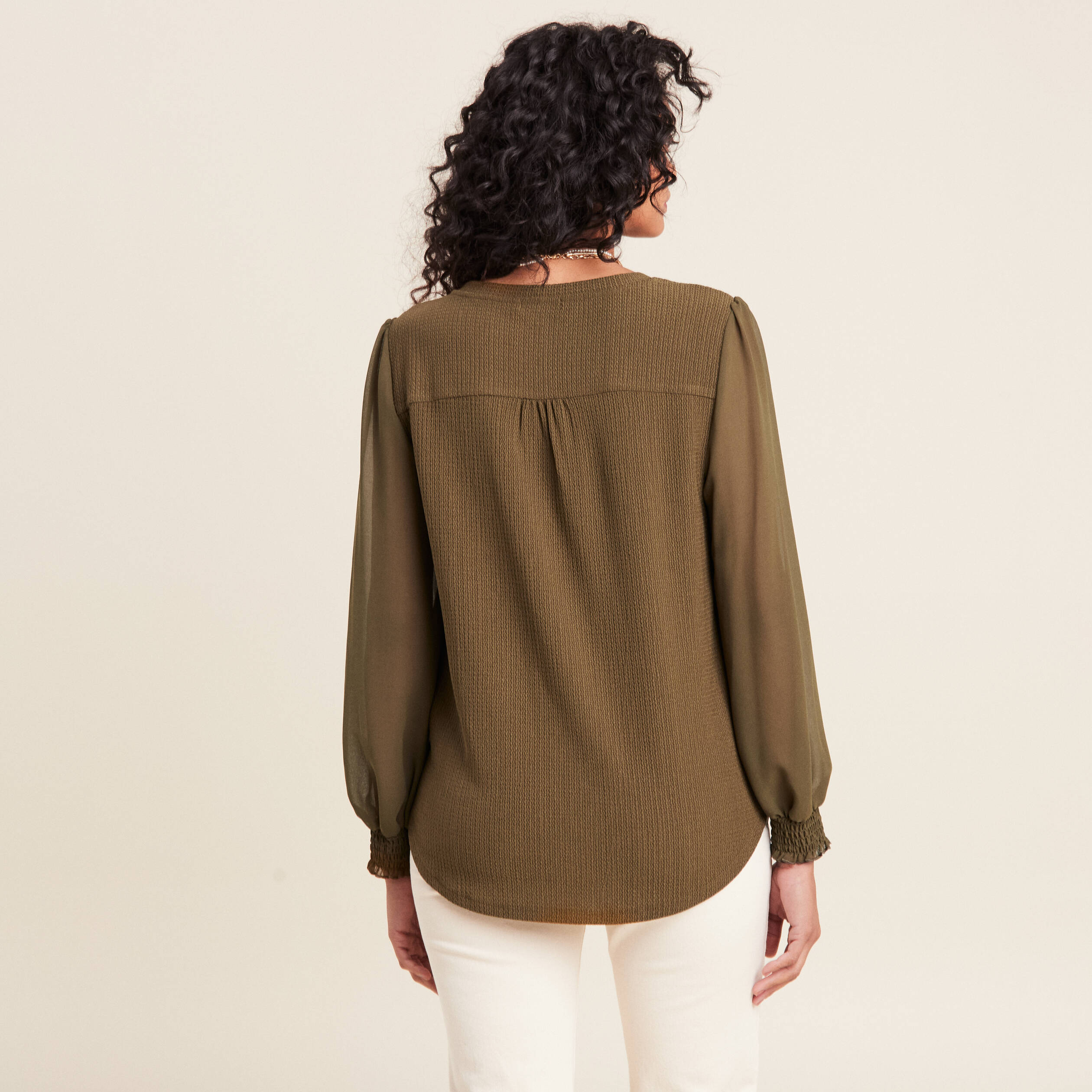 Blouse bi-matière vert olive femme