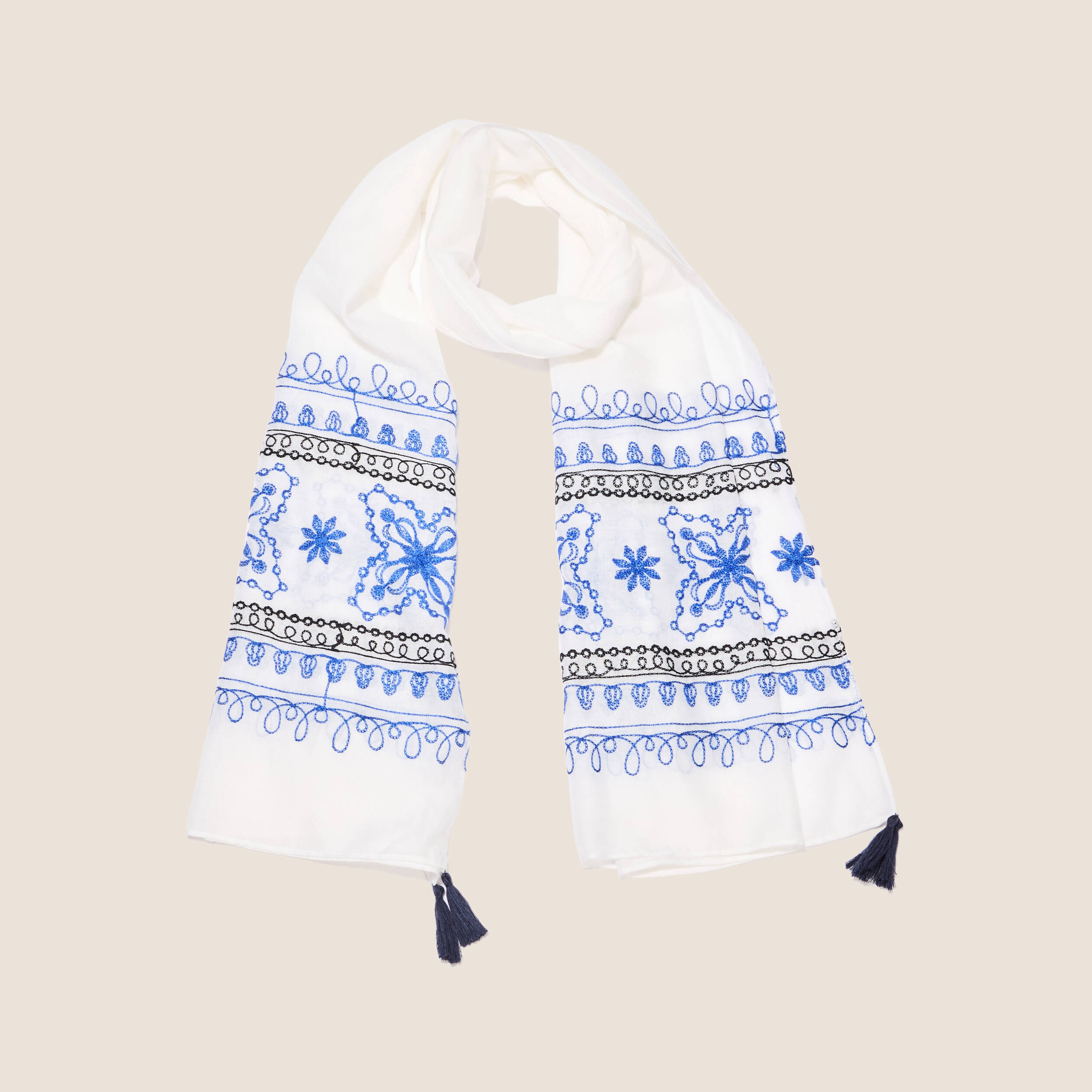 Foulard brodé à pampilles bleu marine femme