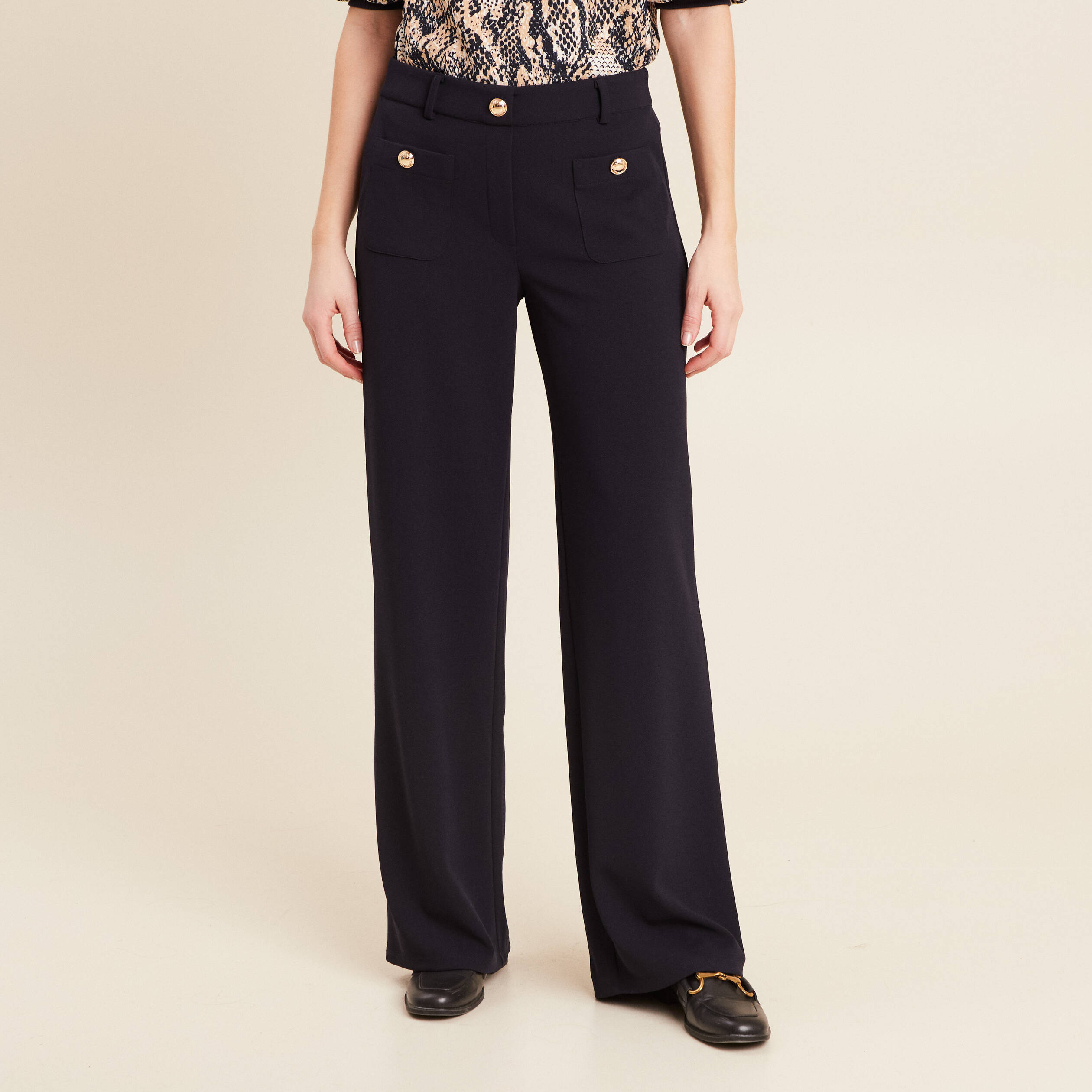 Pantalon coupe droite taille haute bleu fonc&eacute; femme