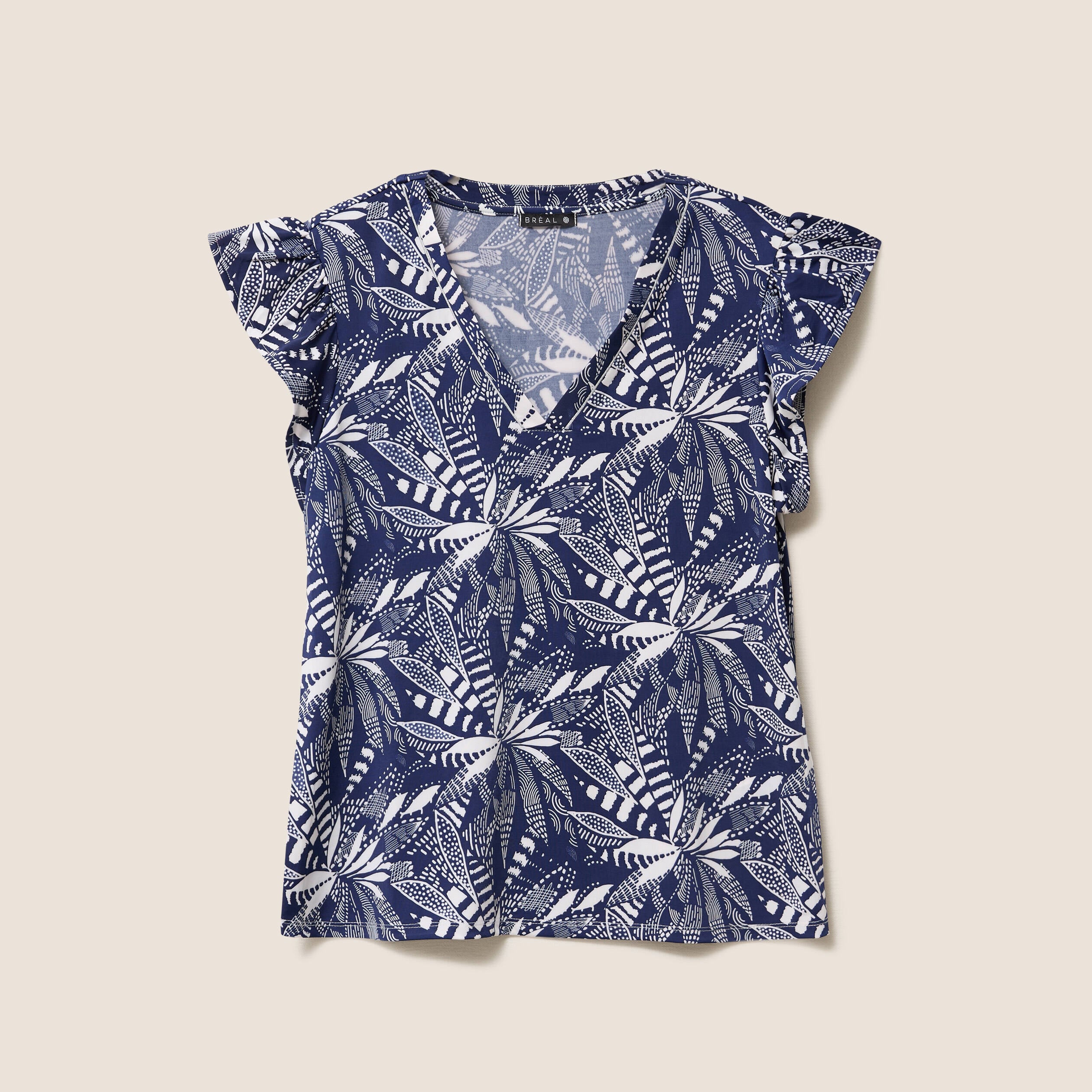T-shirt col v manches courtes bleu femme