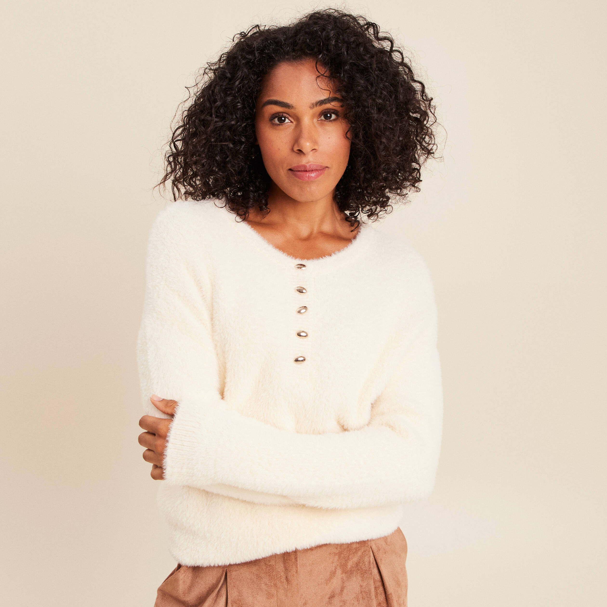 Pull col tunisien ivoire femme