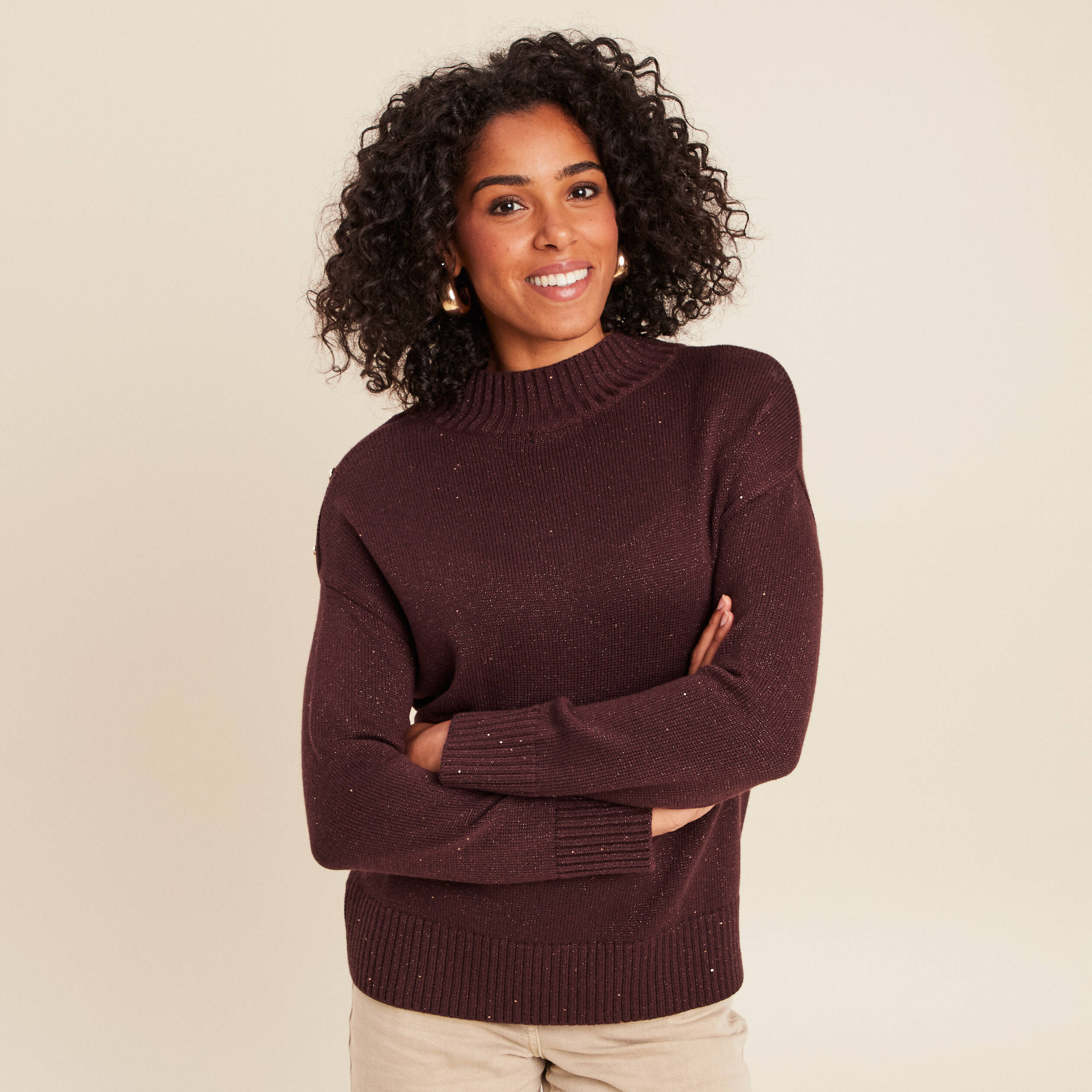 Pull col montant manches longues marron foncé femme Bréal