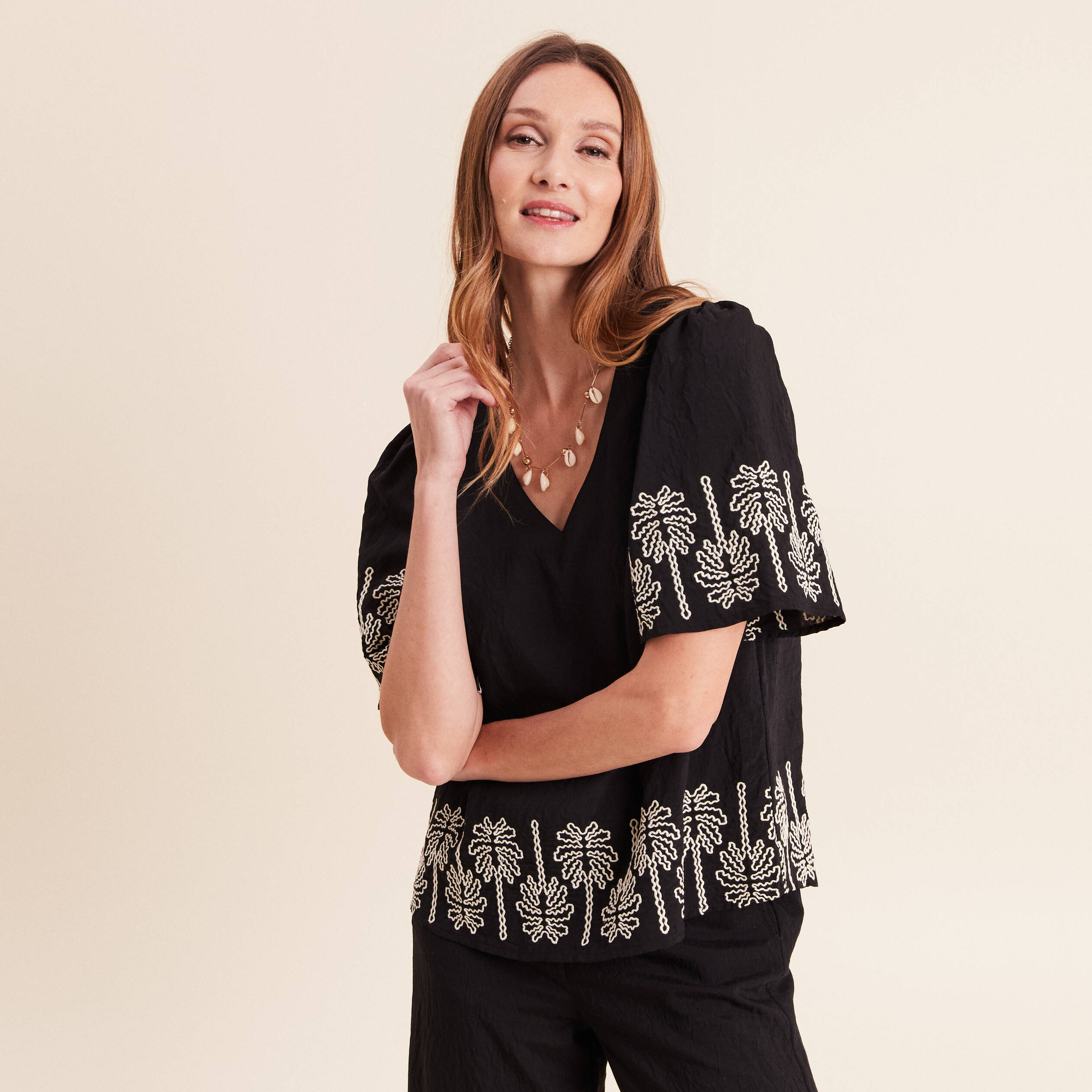 Blouse droite courte manches coudes noir femme