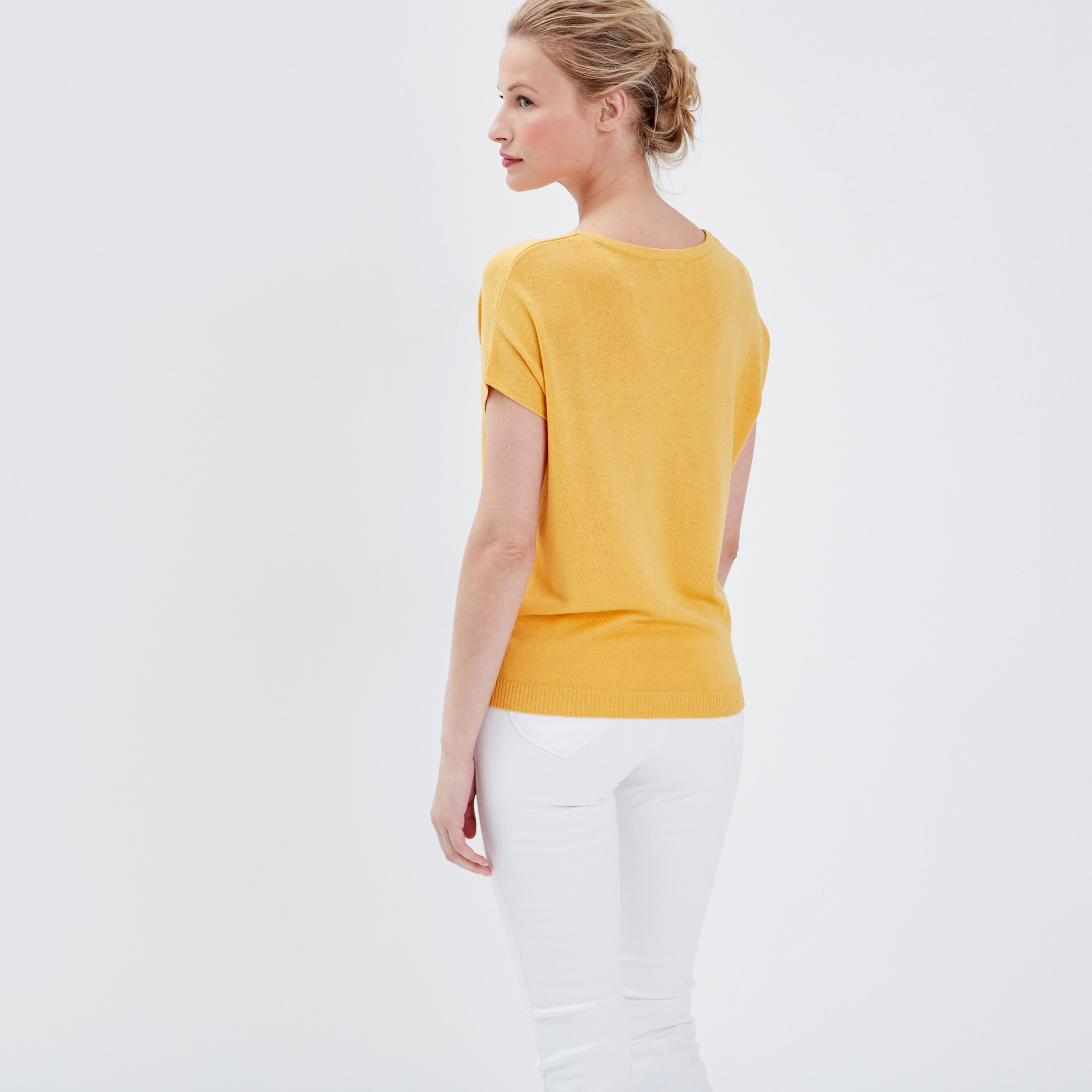 Pull manches courtes jaune moutarde femme