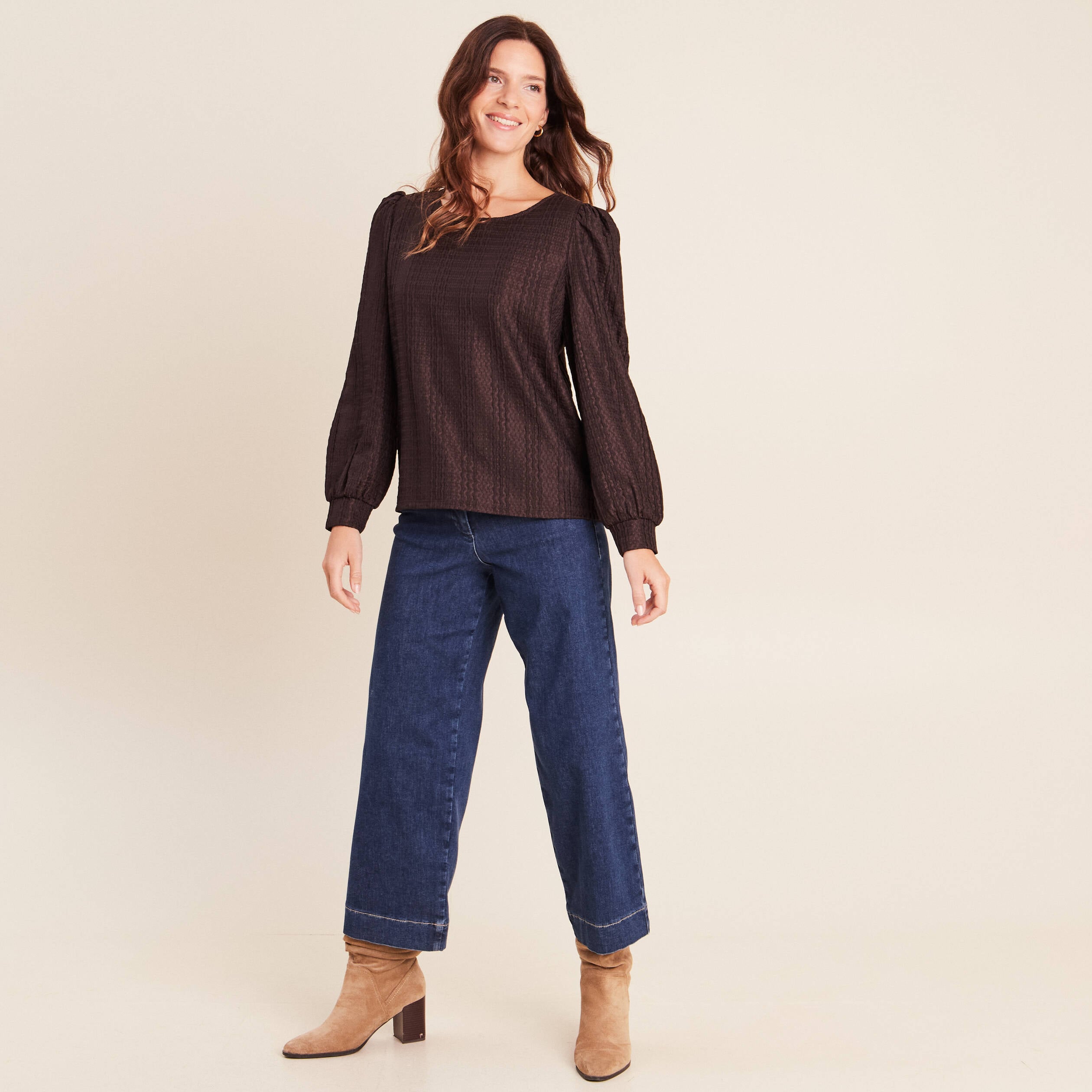 Blouse manches longues marron fonc&eacute; femme