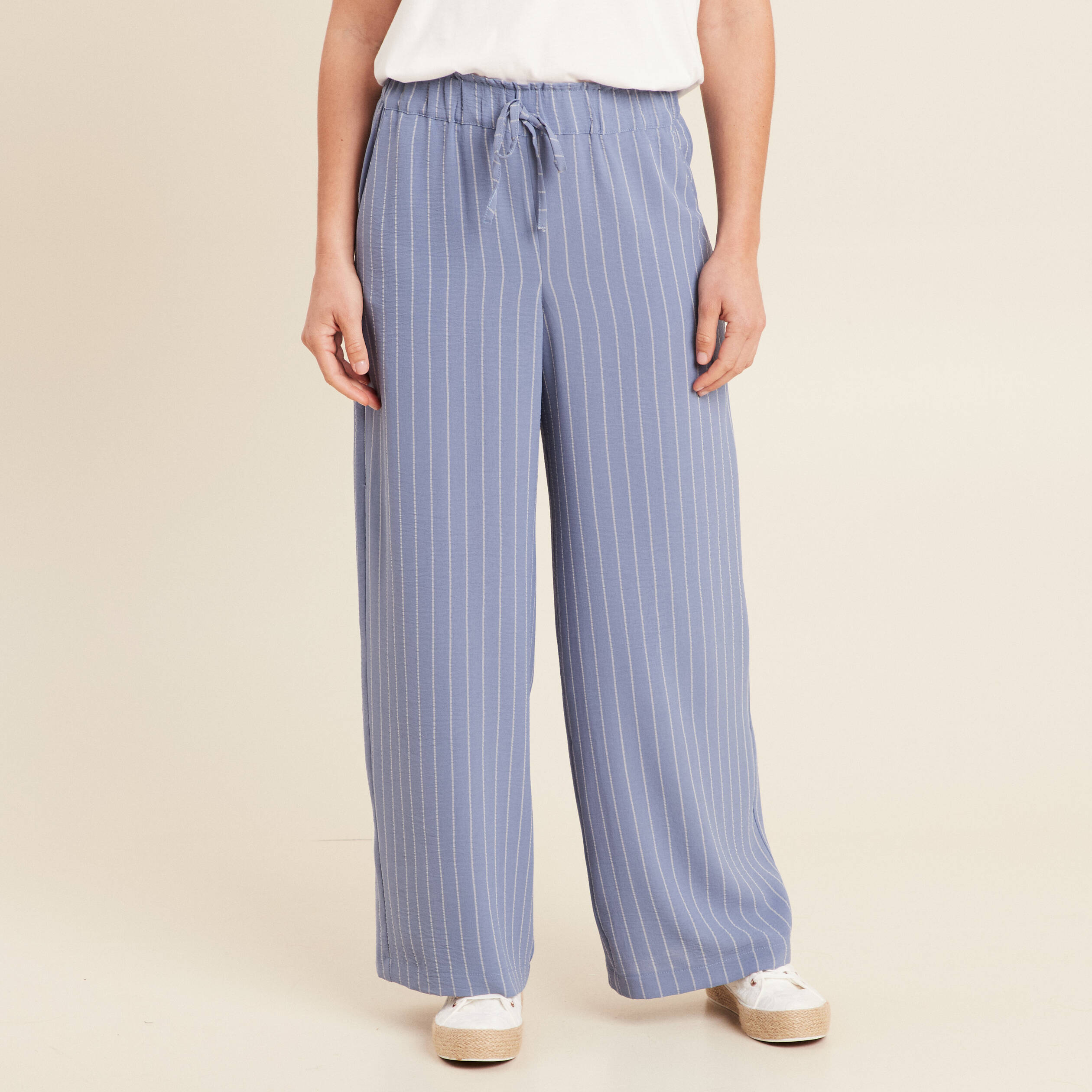 Pantalon large taille haute bleu ciel femme