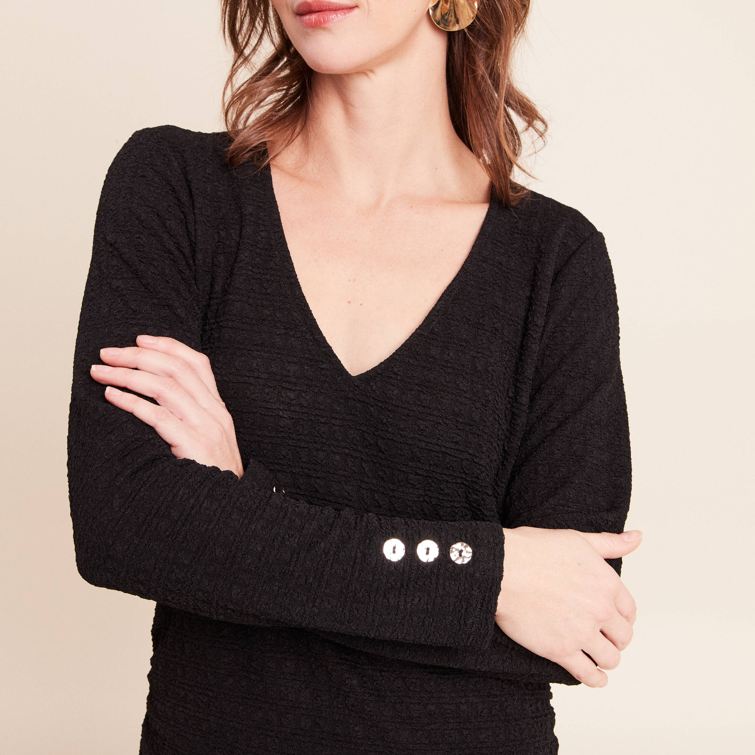 Robe col v manches longues noir femme