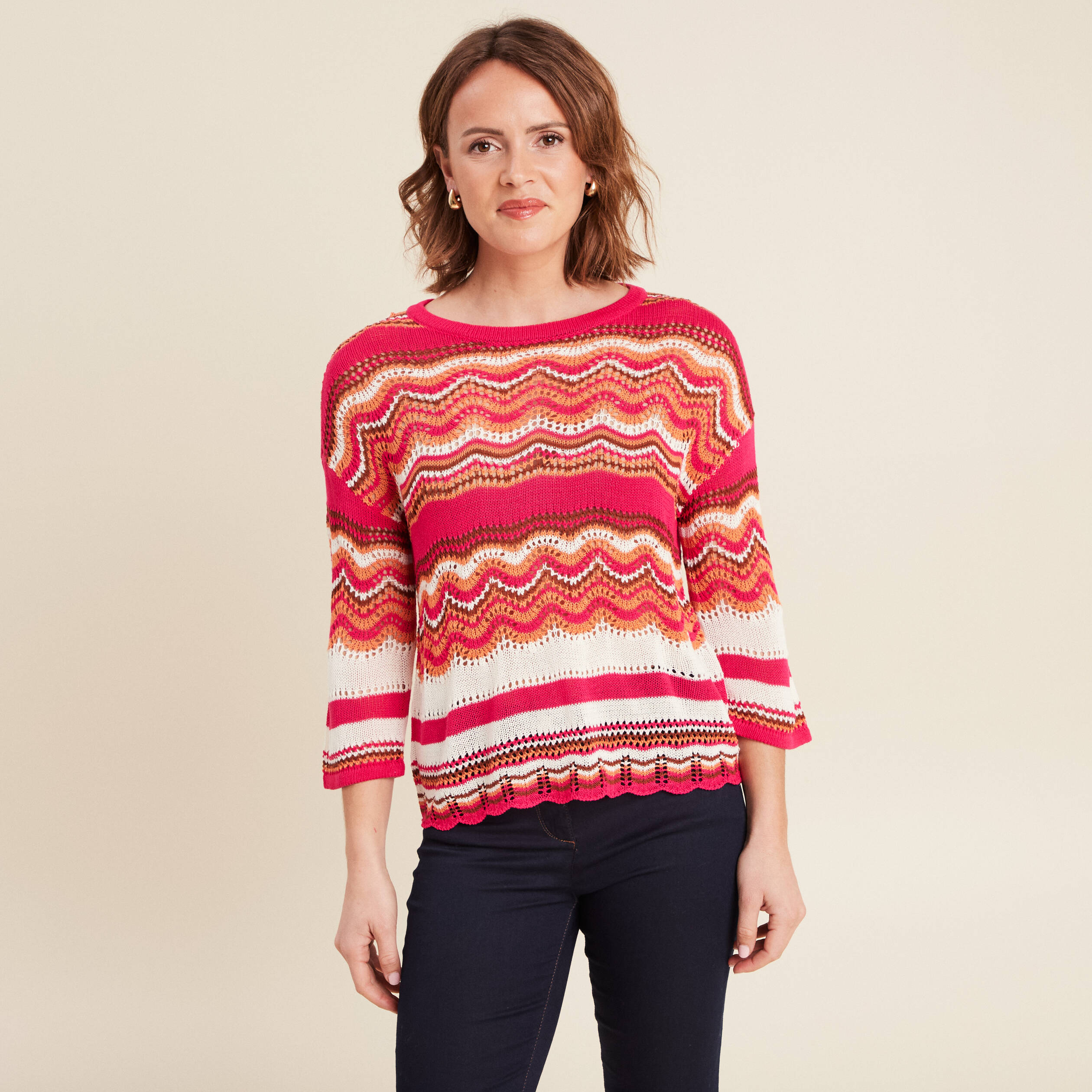 Pull manches 3/4 ajouré rose fushia femme