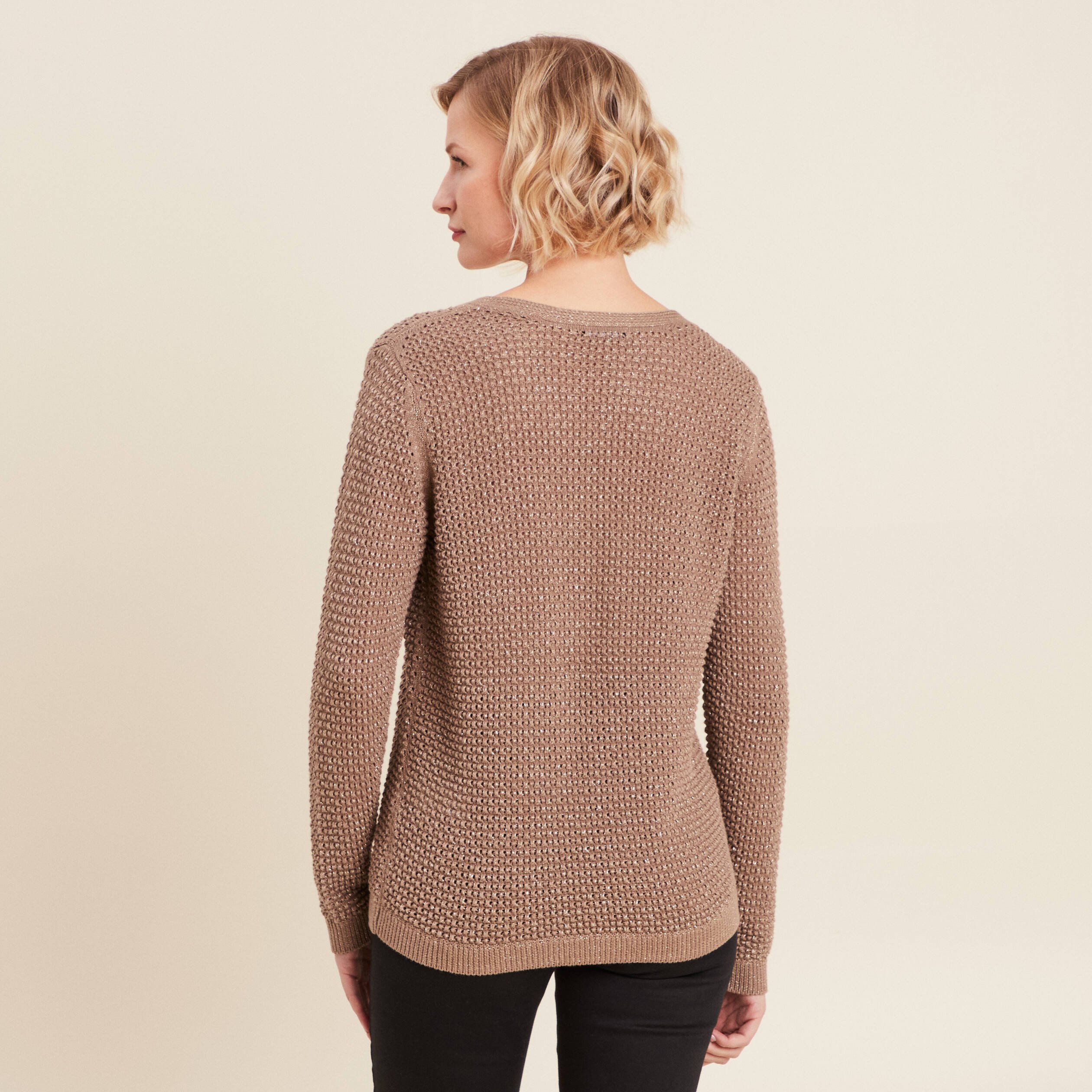Pull manches longues col en V taupe femme