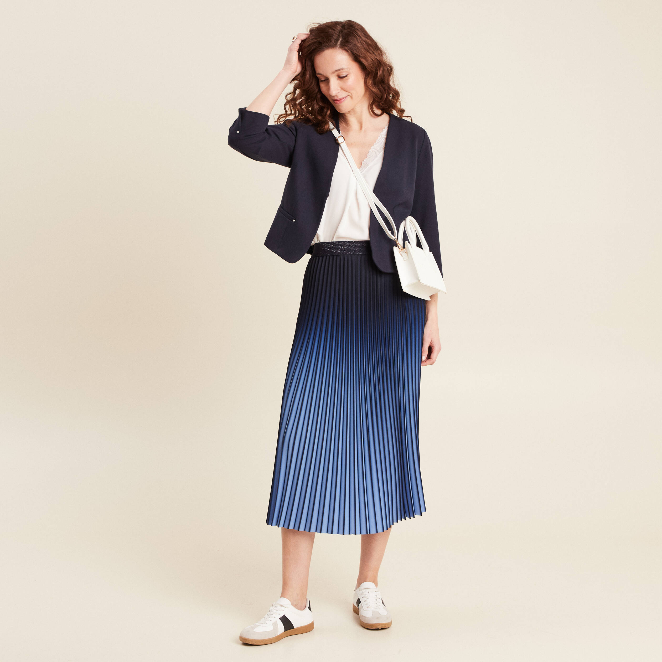 Jupe midi patineuse plissée bleu ciel femme
