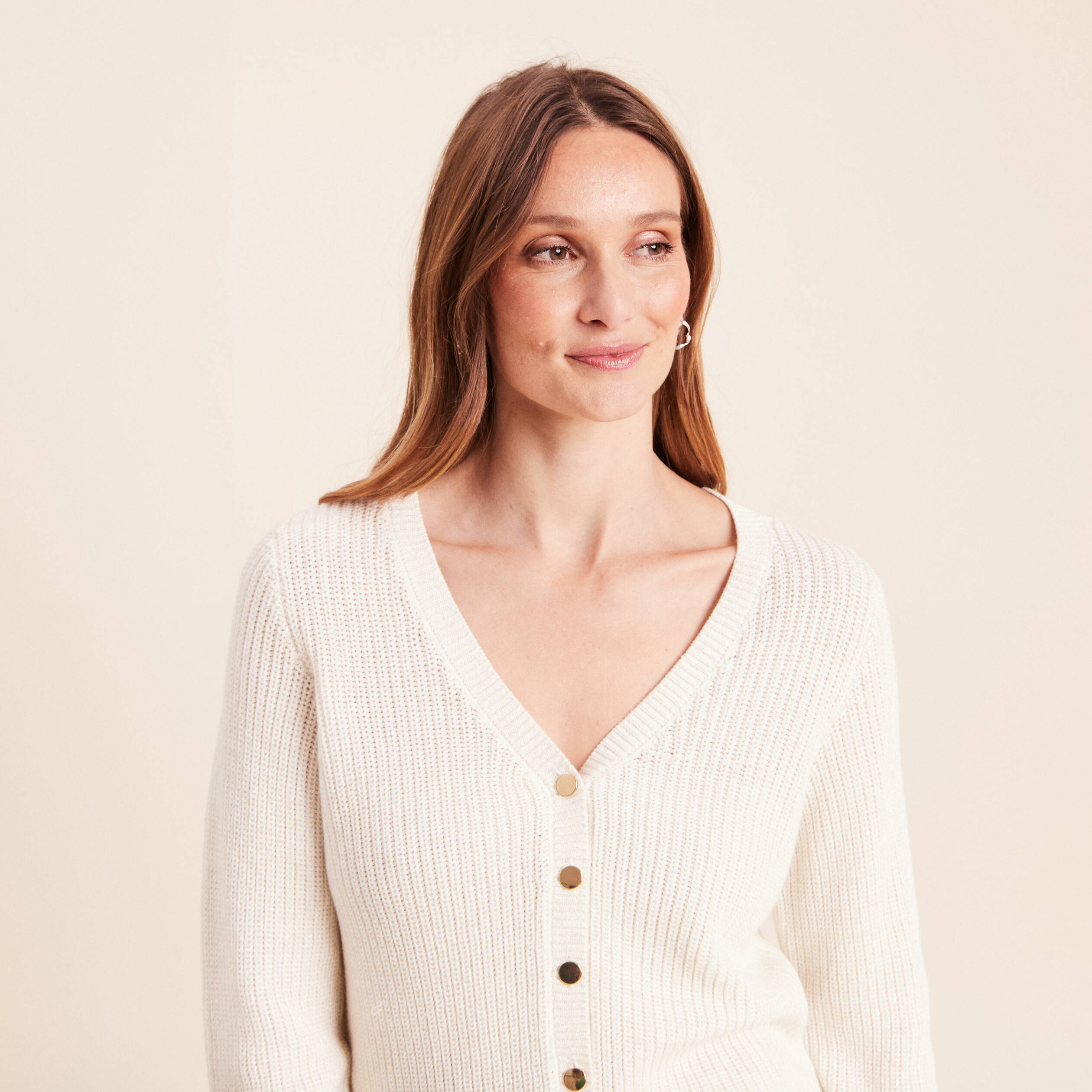 Gilet col v manches longues ecru femme