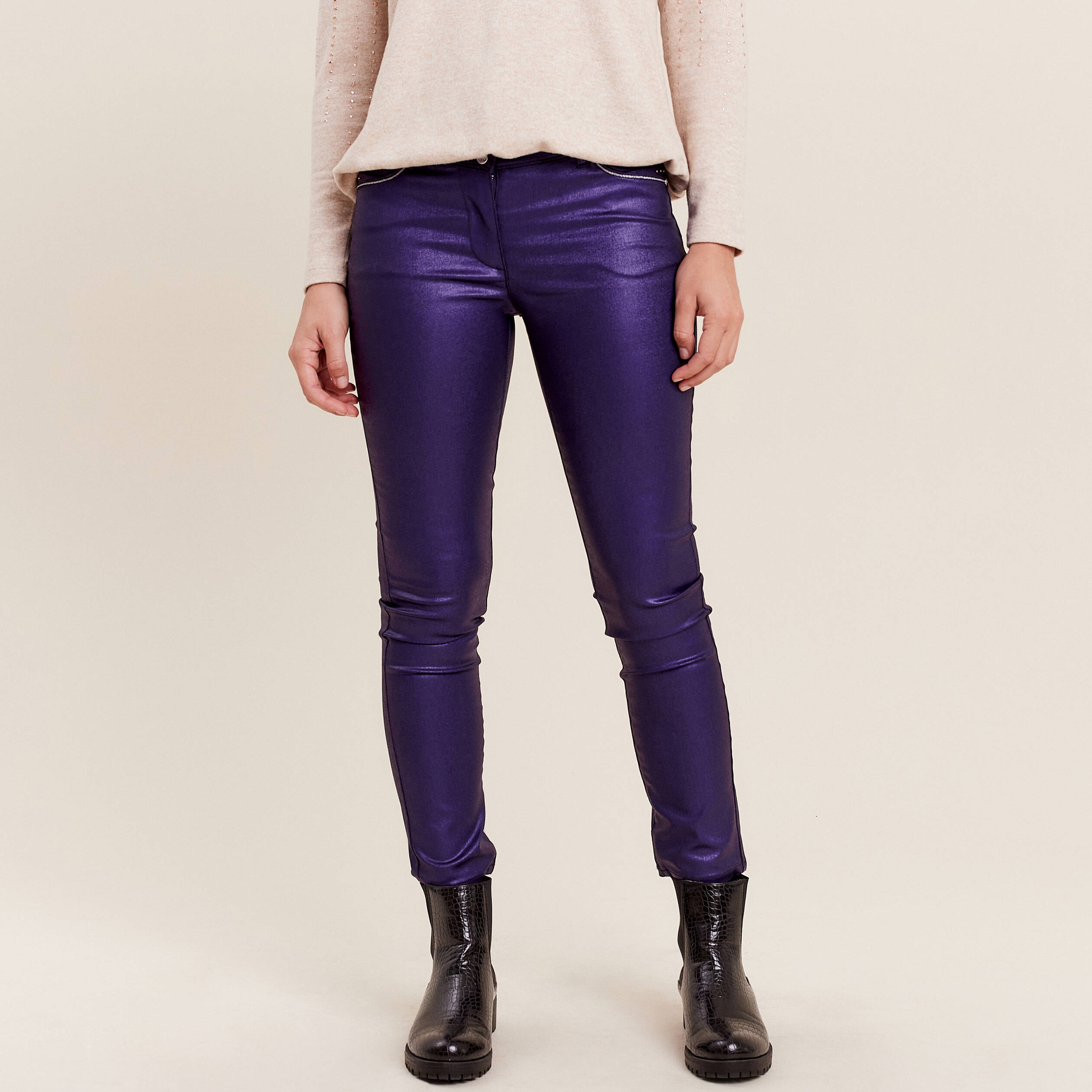 Pantalon ajusté aspect irisé violet foncé femme