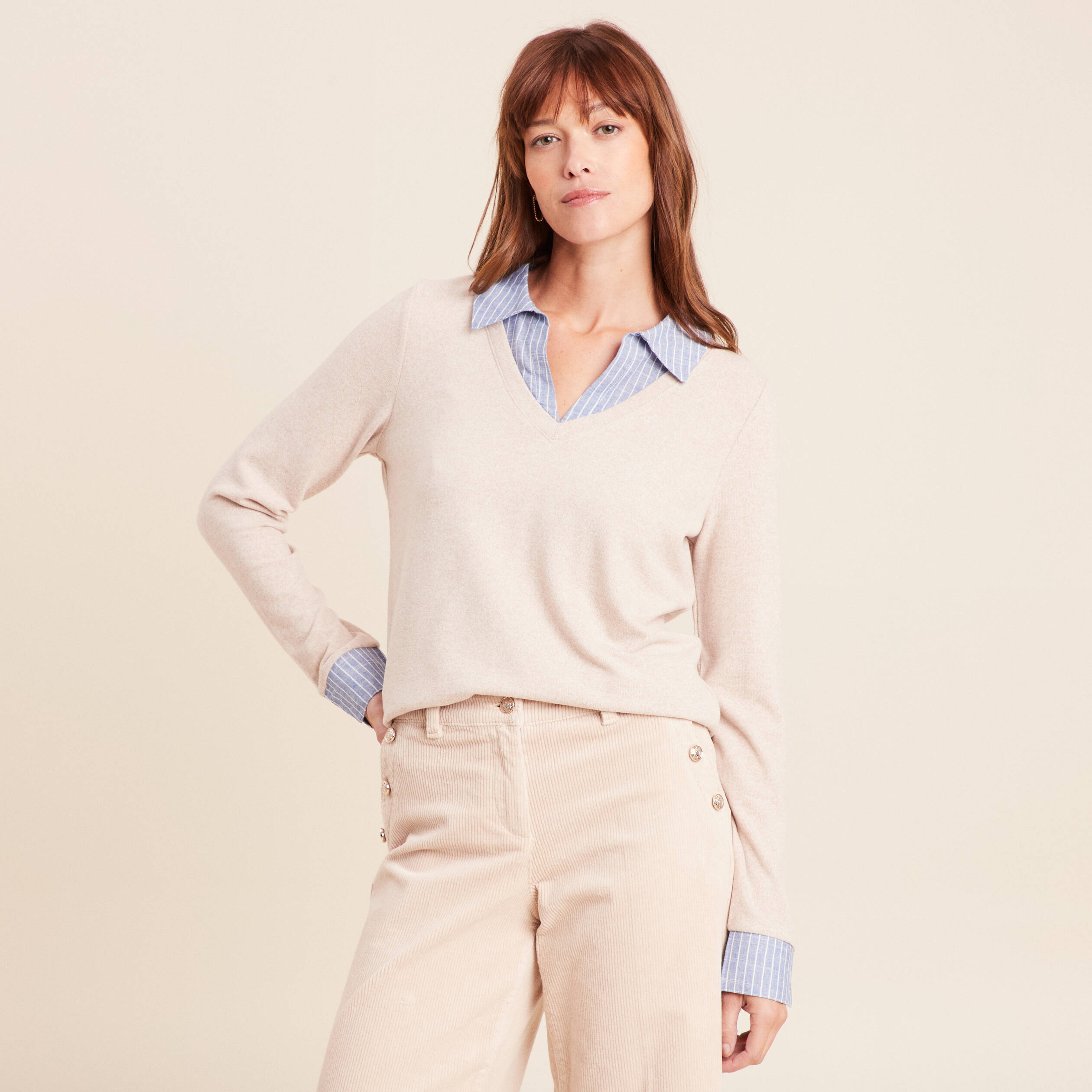 T-shirt effet 2 en 1 col chemise creme femme